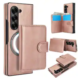 Dteck - for Samsung Galaxy Z Fold6 2-in-1 Wallet Case with Card Holder,Shockproof PU Leather Flip Cover,Qi Wireless Charging - Rosegold