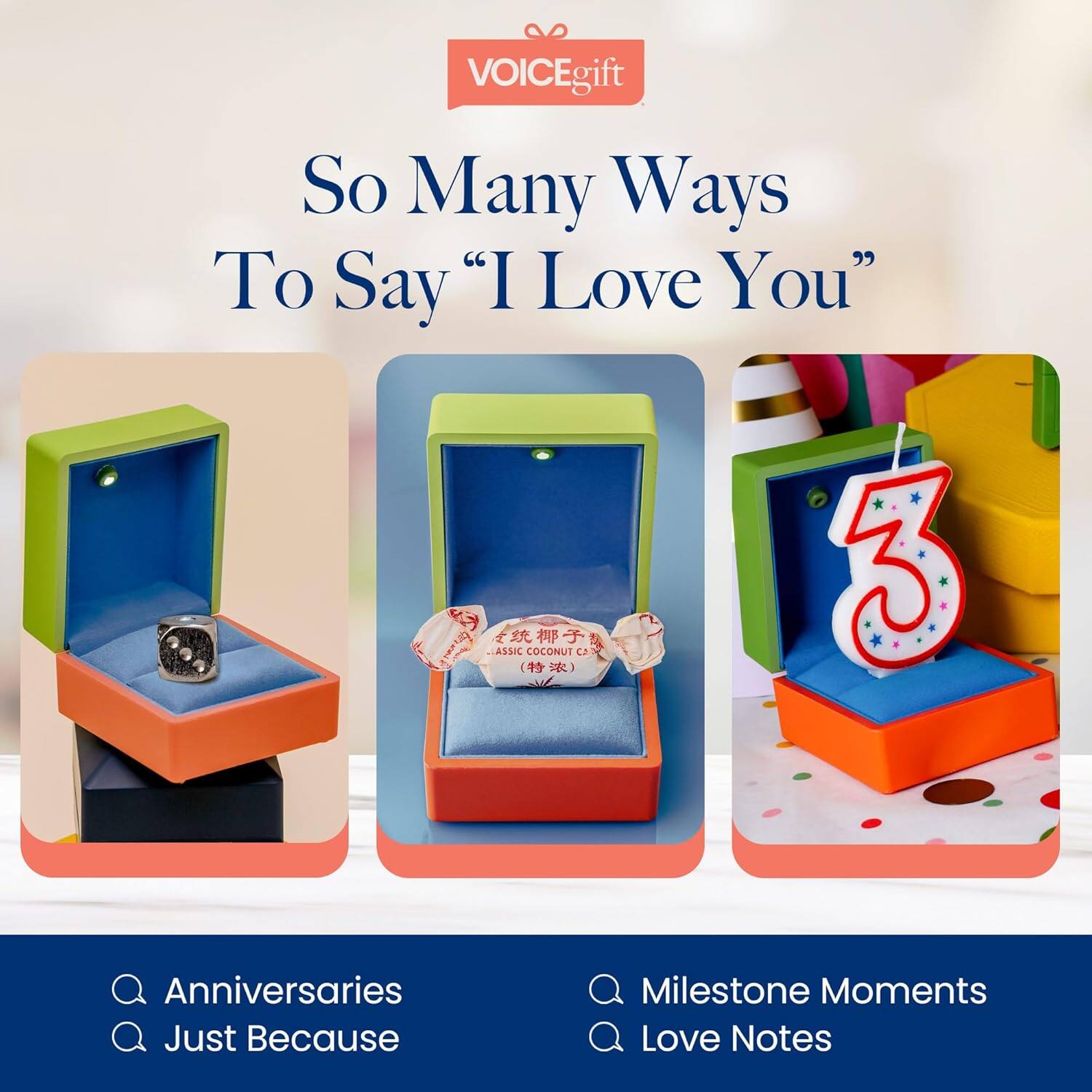 VOICEgift  
So Many Ways To Say "I Love You"  

Anniversaries  
Just Because  
Milestone Moments  
Love Notes