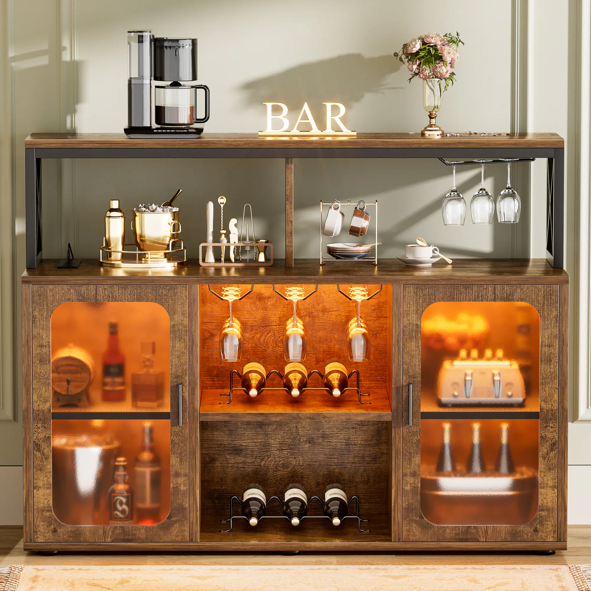 Angle. Aheaplus - Bar Cabinet with Power Outlets & LED Lights, Glass Holder, Wine Rack,Multi-functional Storage Buffet for Home/Kitchen - Rustic Brown.