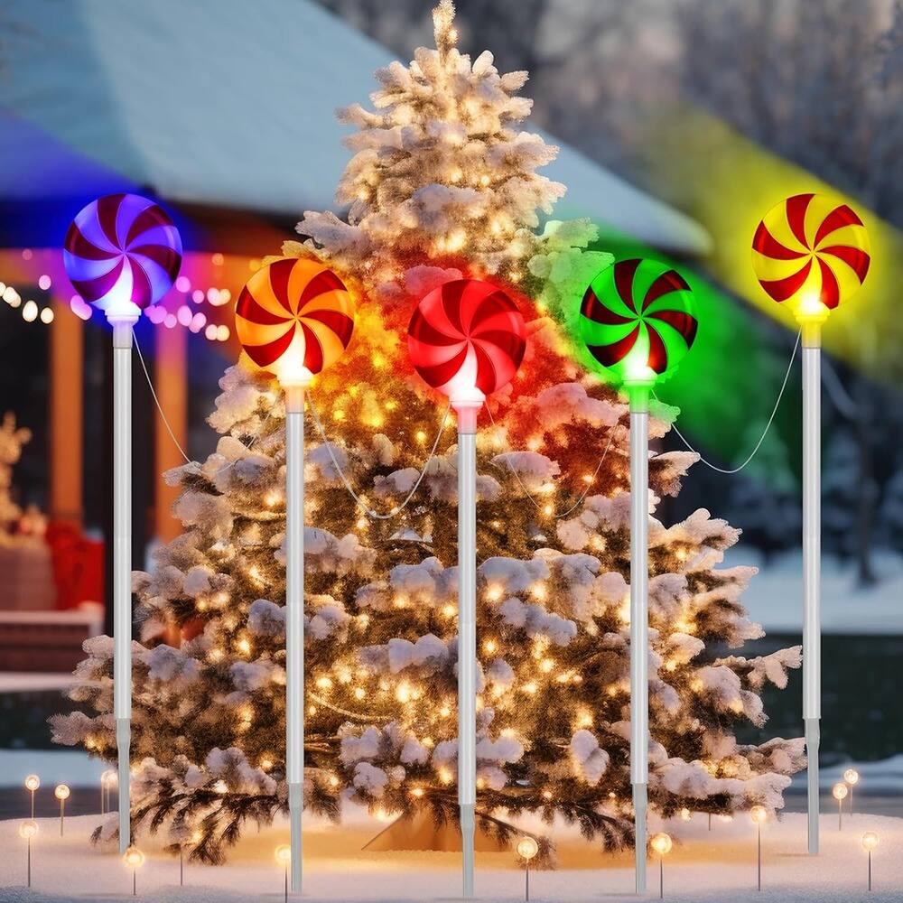 Back. PARKER SLATER - 5-Pack 33" Color-Changing Lollipop Pathway Lights – Outdoor Peppermint Candy Cane Stakes.