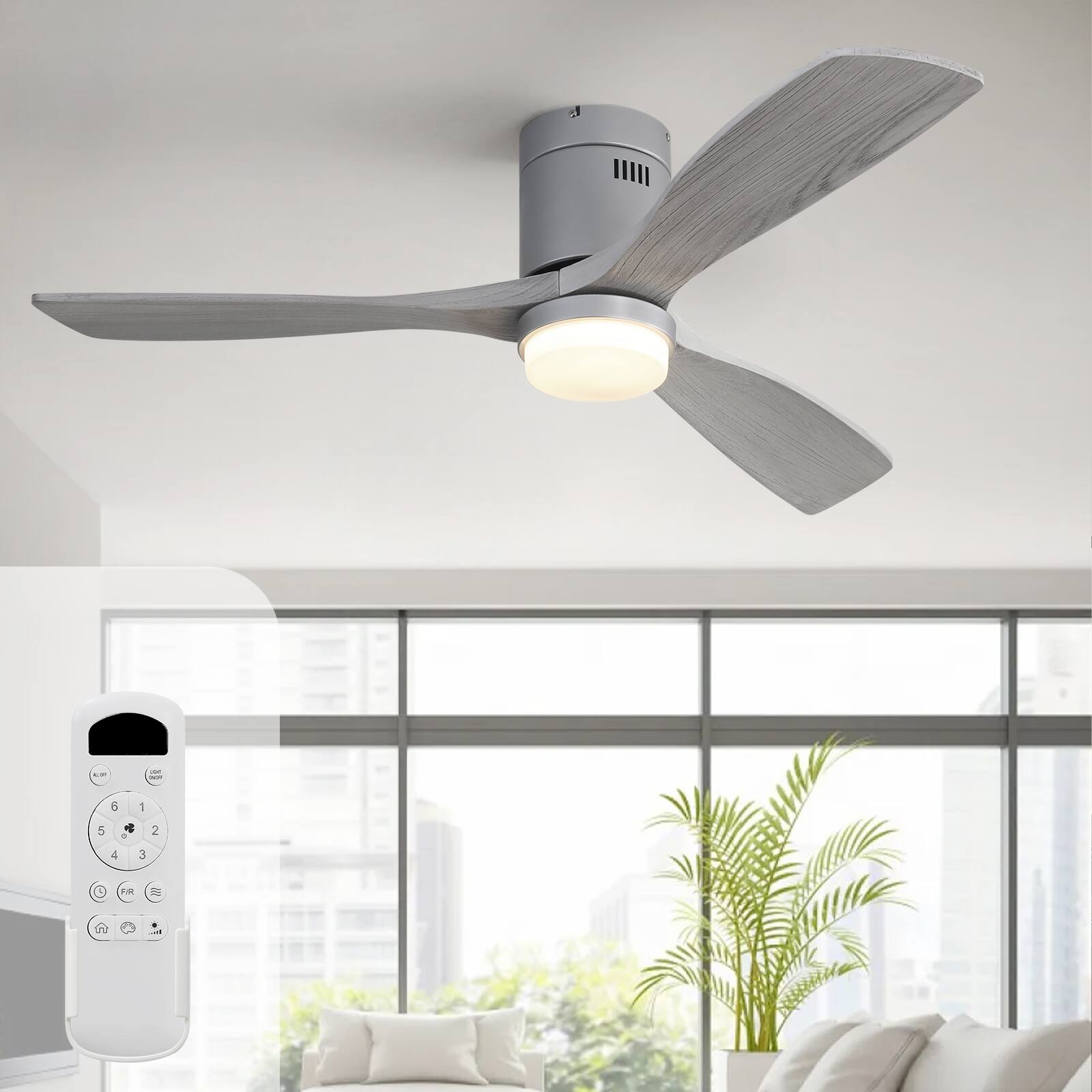 Alt View 8. Sofucor - Modern Solid Wood 52 Inch Low Profile Ceiling Fan with Dimmable LED Light and Remote 6 Speeds Quiet Bedroom - Silver Grey Wood.
