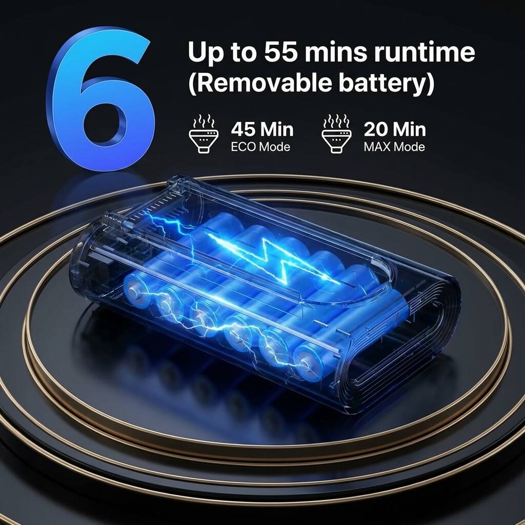 Up to 55 mins runtime (Removable battery)

6

45 Min ECO Mode

20 Min MAX Mode