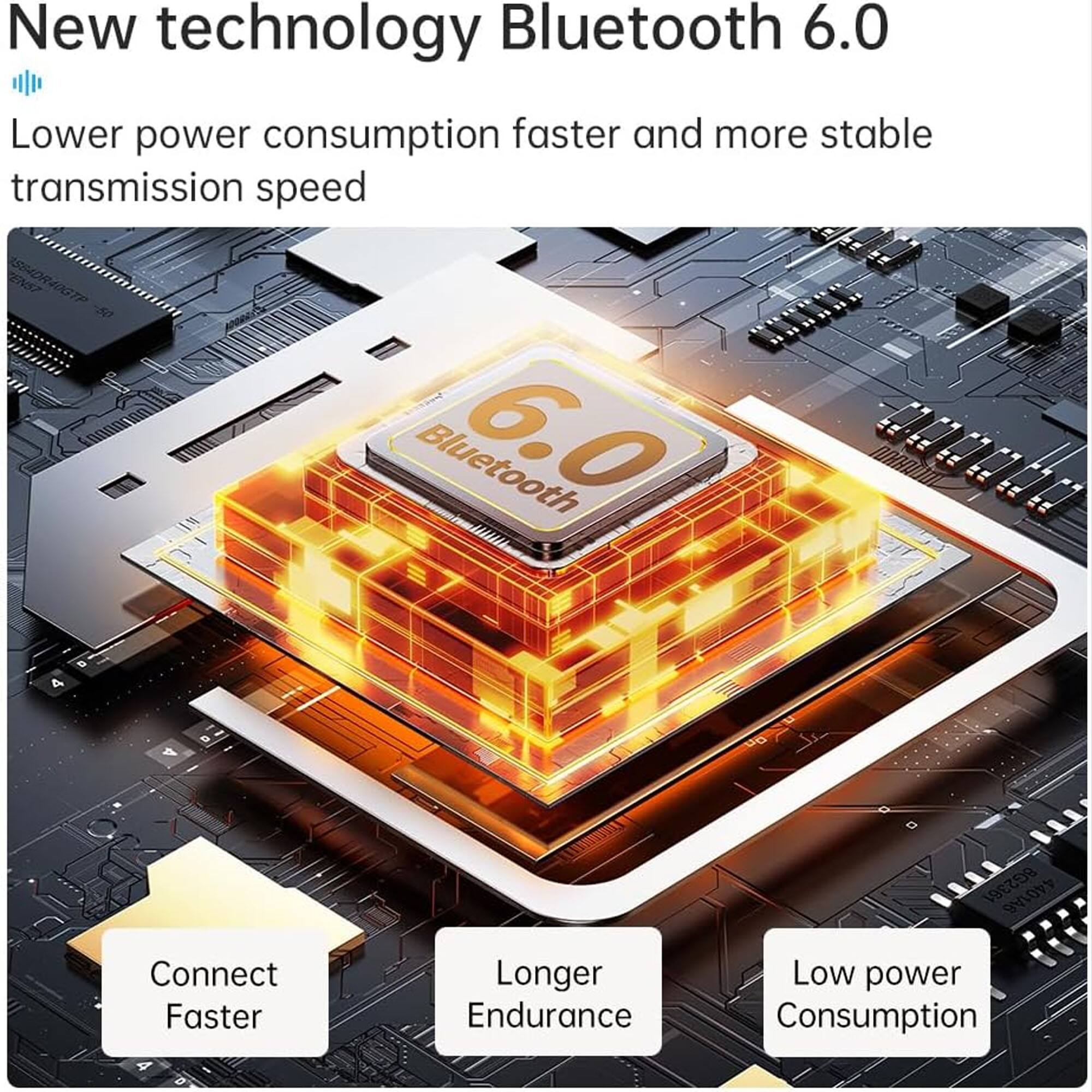 New technology Bluetooth 6.0  
Lower power consumption, faster and more stable transmission speed  

Bluetooth 6.0  
Connect Faster  
Longer Endurance  
Low power Consumption