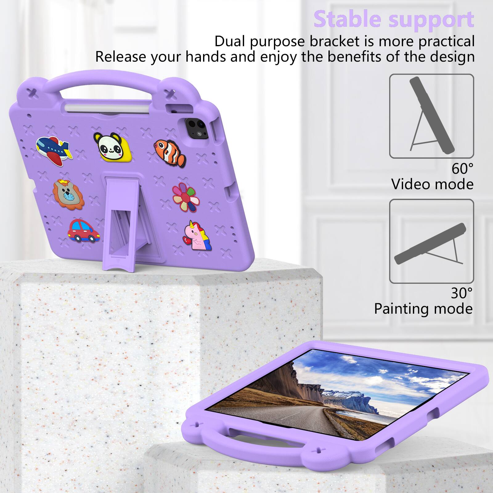 Stable support  
Dual purpose bracket is more practical  
Release your hands and enjoy the benefits of the design  

60° Video mode  
30° Painting mode