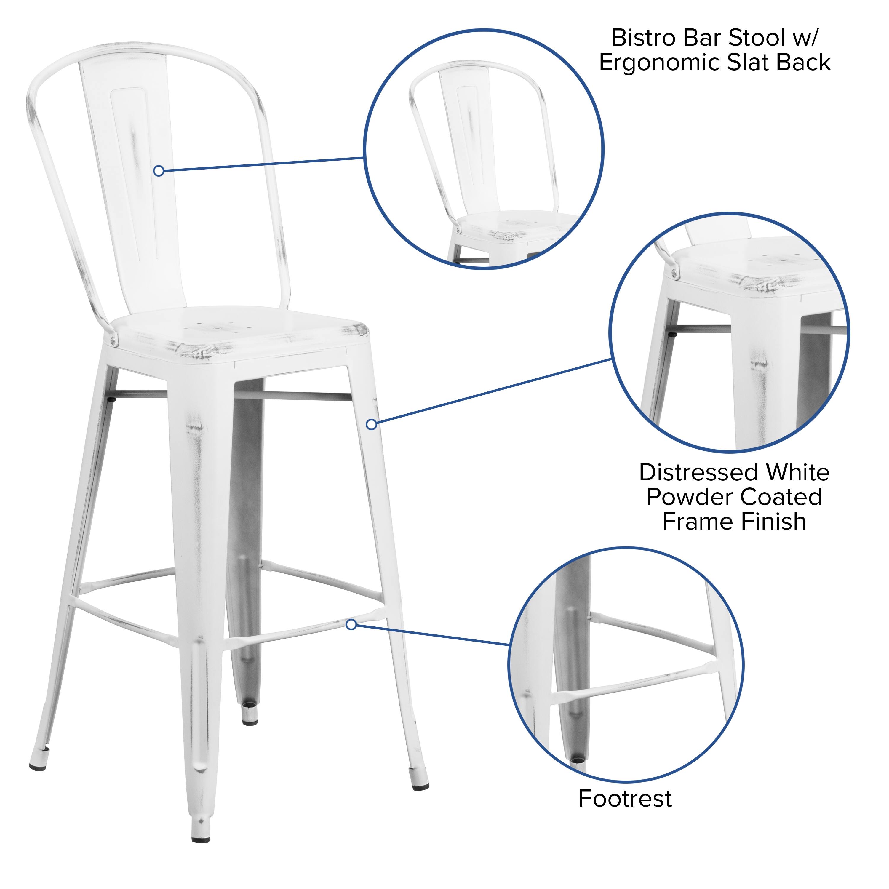 Bistro Bar Stool w/ Ergonomic Slat Back  
Distressed White Powder Coated Frame Finish  
Footrest