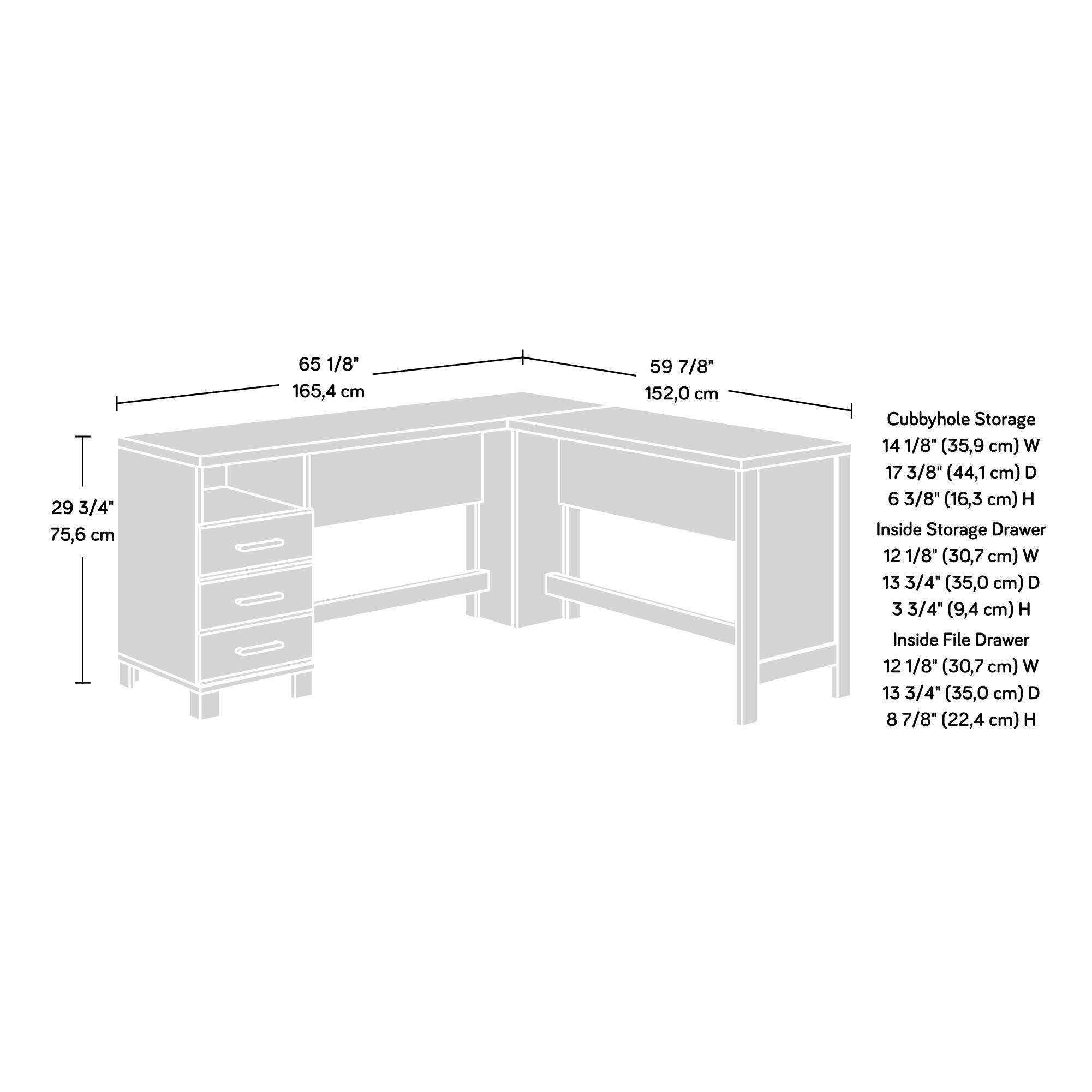 - **Dimensions:**
  - Width: 59 7/8" (152.0 cm)
  - Depth: 65 1/8" (165.4 cm)
  - Height: 29 3/4" (75.6 cm)

- **Cubbyhole Storage:**
  - Width: 14 1/8" (35.9 cm)
  - Depth: 17 3/8" (44.1 cm)
  - Height: 6 3/8" (16.3 cm)

- **Inside Storage Drawer:**
  - Width: 12 1/8" (30.7 cm)
  - Depth: 13 3/4" (35.0 cm)
  - Height: 3 3/4" (9.4 cm)

- **Inside File Drawer:**
  - Width: 12 1/8" (30.7 cm)
  - Depth: 13 3/4" (35.0 cm)
  - Height: 8 7/8" (22.4 cm)