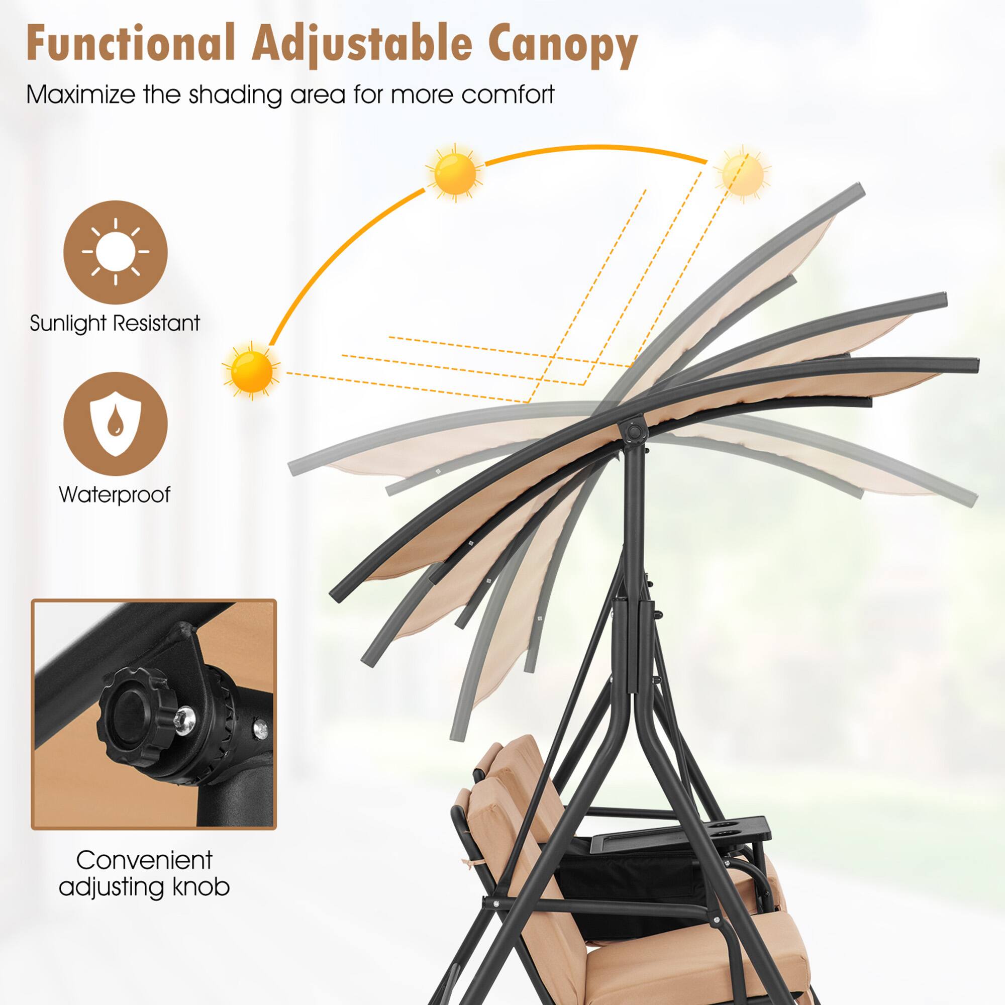 Alt View 5. Gymax - Gymax 2-Person Canopy Porch Swing Padded Chair Cooler Bag Rotatable Tray Beige - Beige.