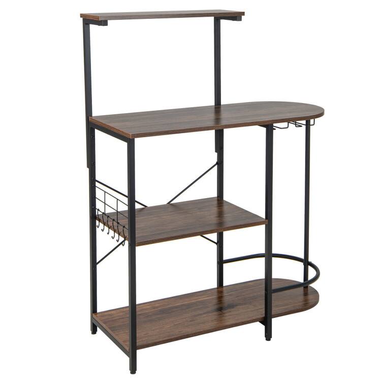 Front. SlickBlue - Kitchen Bakers Rack 4-Tier Design with Stemware Holder and S-Hooks - Rustic Brown.