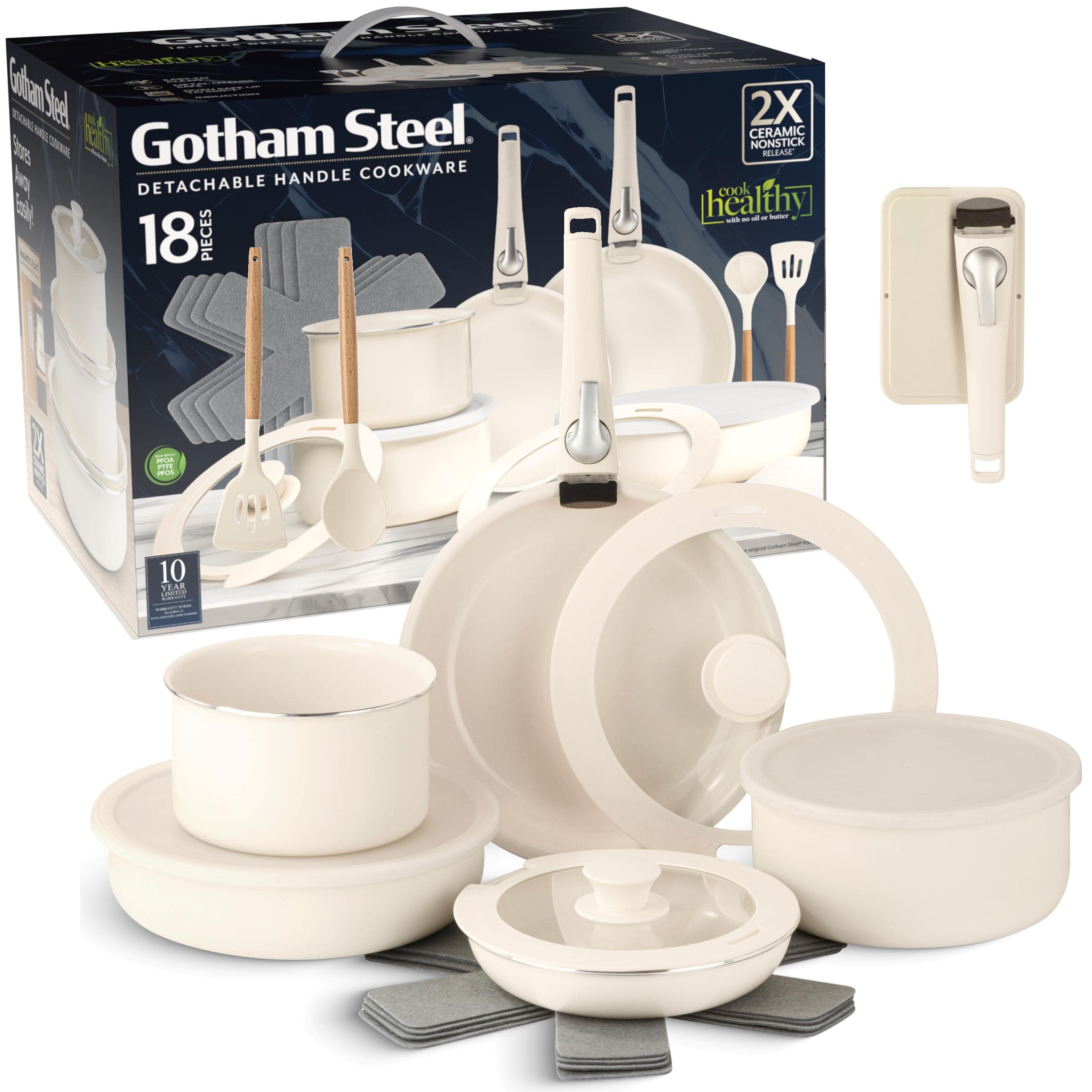 Gotham Steel - Nonstick Pots and Pans 18 Piece Ceramic Induction Cookware Kitchen Set Detachable Handles Frying Skillet - Cream