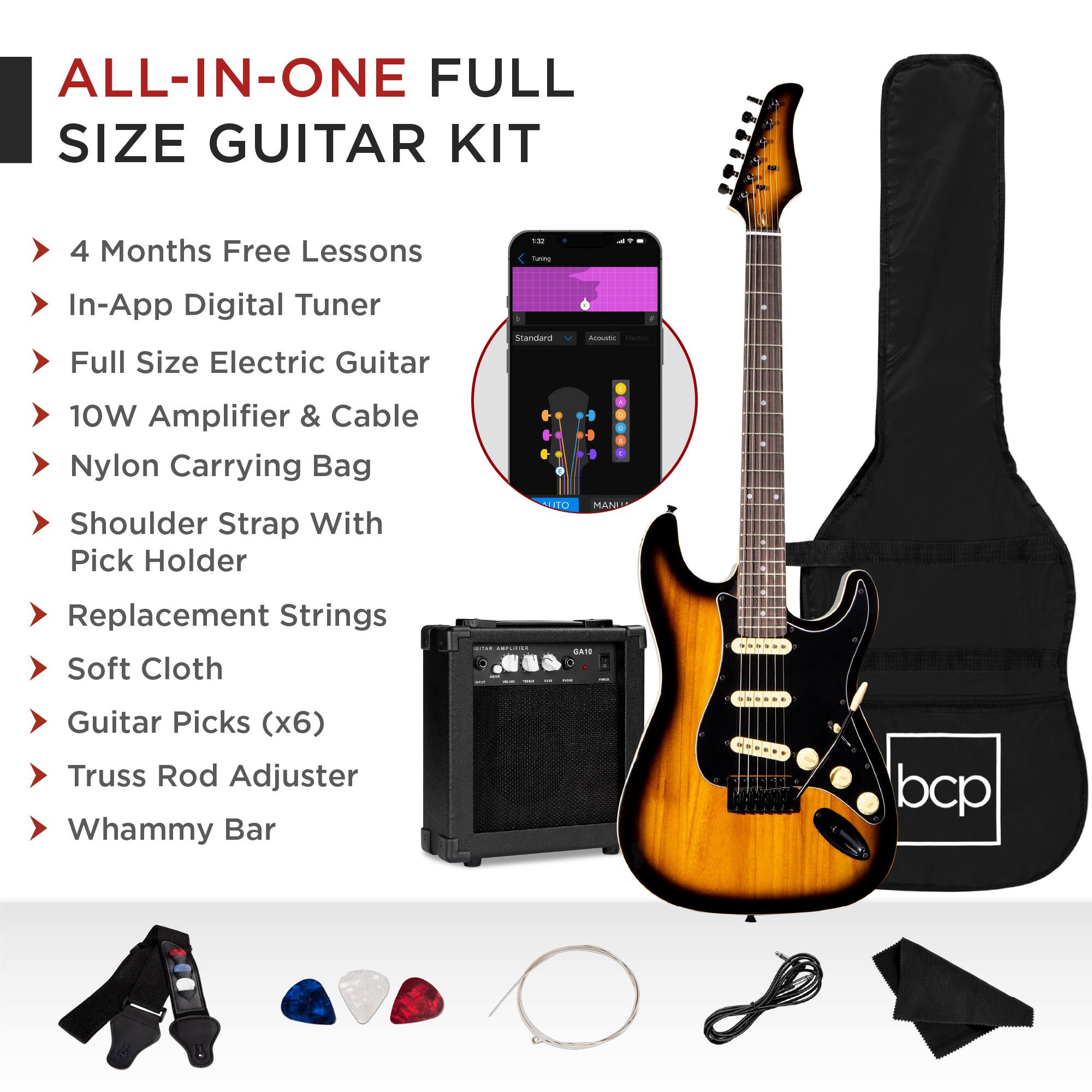 ALL-IN-ONE FULL SIZE GUITAR KIT

- 4 Months Free Lessons
- In-App Digital Tuner
- Full Size Electric Guitar
- 10W Amplifier & Cable
- Nylon Carrying Bag
- Shoulder Strap With Pick Holder
- Replacement Strings
- Soft Cloth
- Guitar Picks (x6)
- Truss Rod Adjuster
- Whammy Bar
