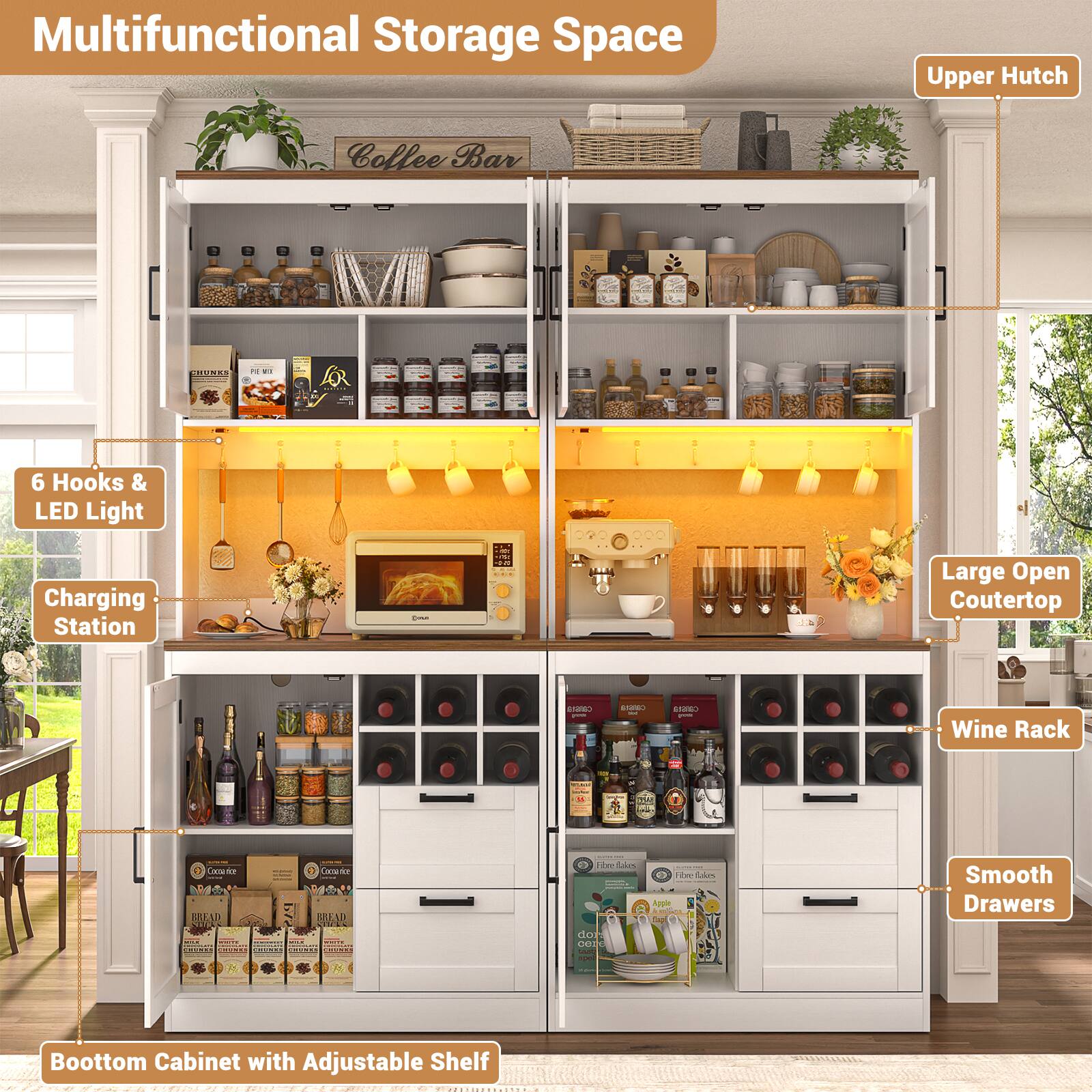 Multifunctional Storage Space Upper Hutch Coffee Bar 2 LIUNA - 6 Hooks & LED Light Charging Station - Large Open Countertop - Wine Rack - Bottom Cabinet with Adjustable Shelf