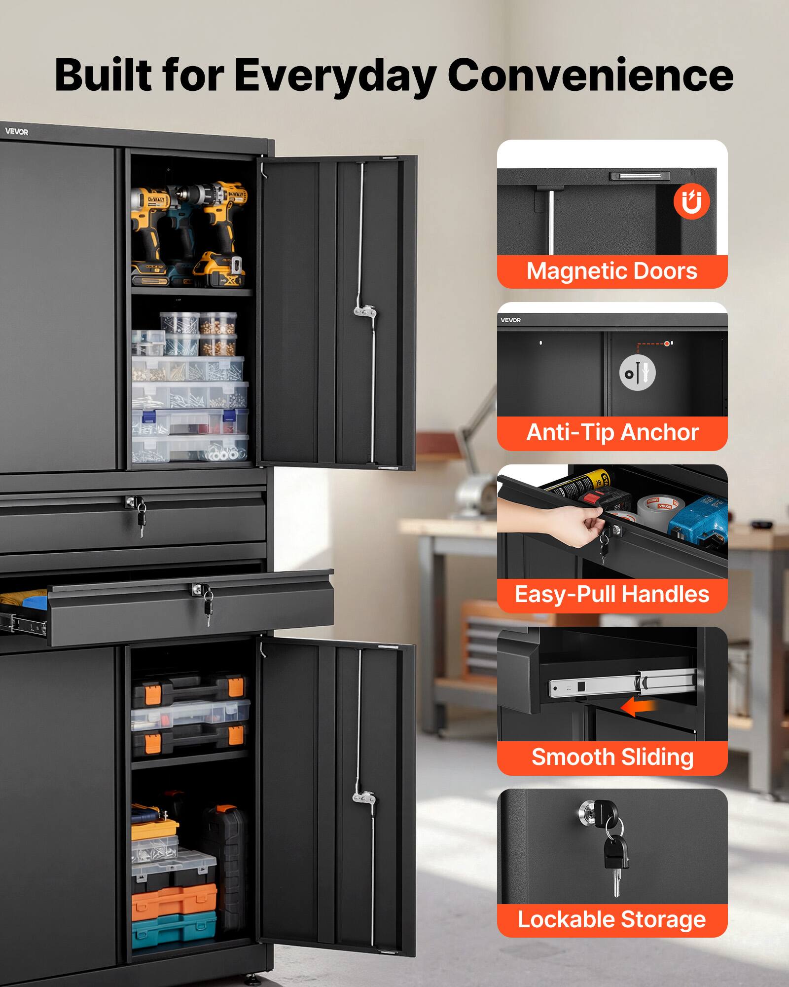 Built for Everyday Convenience

- Magnetic Doors
- Anti-Tip Anchor
- Easy-Pull Handles
- Smooth Sliding
- Lockable Storage