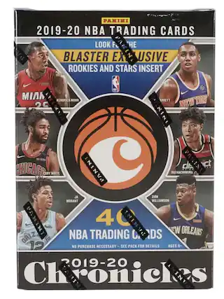 PANINI 2019-20 NBA TRADING CARDS
LOOK FOR THE BLASTER EXCLUSIVE ROOKIES AND STARS INSERT
40 NBA TRADING CARDS
NO PURCHASE NECESSARY - SEE PACK FOR DETAILS
AGES 9+
2019-20 Chronicles
KENDRICK NUNN
COBY WHITE
JA MORANT
ZION WILLIAMSON
RUI HACHIMURA
JAMES HARDEN
KYLE KIRWAN
MIAMI
CHICAGO
NEW ORLEANS
NEW YORK
PANINI
GEICO
dick's
