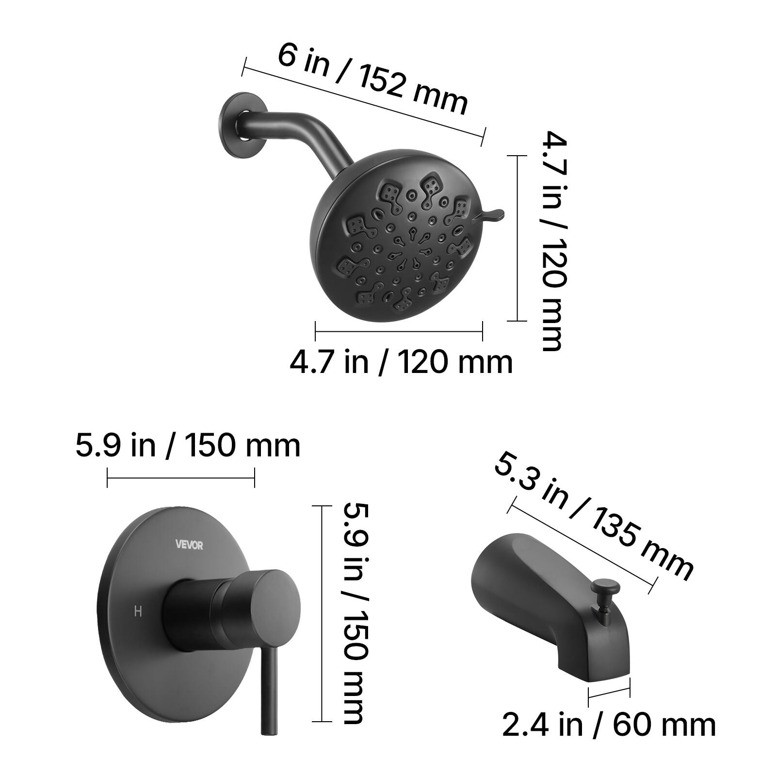 6 in / 152 mm  
4.7 in / 120 mm  
5.9 in / 150 mm  
5.3 in / 135 mm  
2.4 in / 60 mm