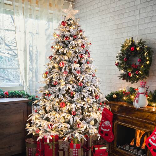 Alt View 9. Winado - 7FT Pre-Lit Artificial Christmas Tree Hinged Snow Flocked with Lights, Single-Sided PE for Indoor Holiday Decorations - Green Flocking.