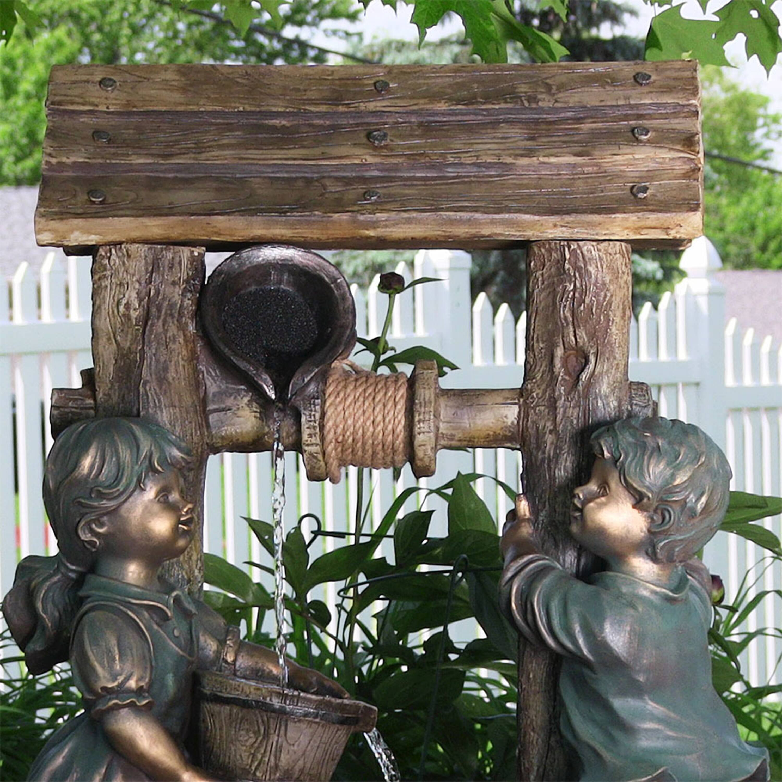 Alt View 4. Sunnydaze - Children at the Well Water Fountain with LED Lights - 39 in - Brown.