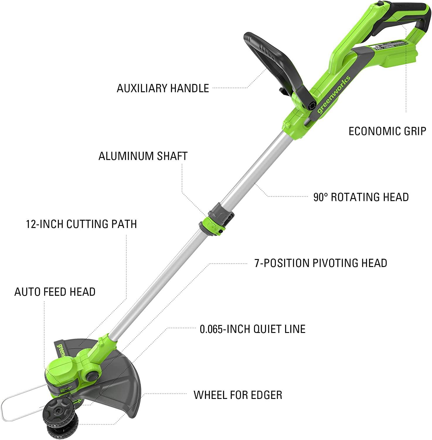 AUXILIARY HANDLE  
ECONOMIC GRIP  
ALUMINUM SHAFT  
90° ROTATING HEAD  
12-INCH CUTTING PATH  
7-POSITION PIVOTING HEAD  
AUTO FEED HEAD  
0.065-INCH QUIET LINE  
WHEEL FOR EDGER
