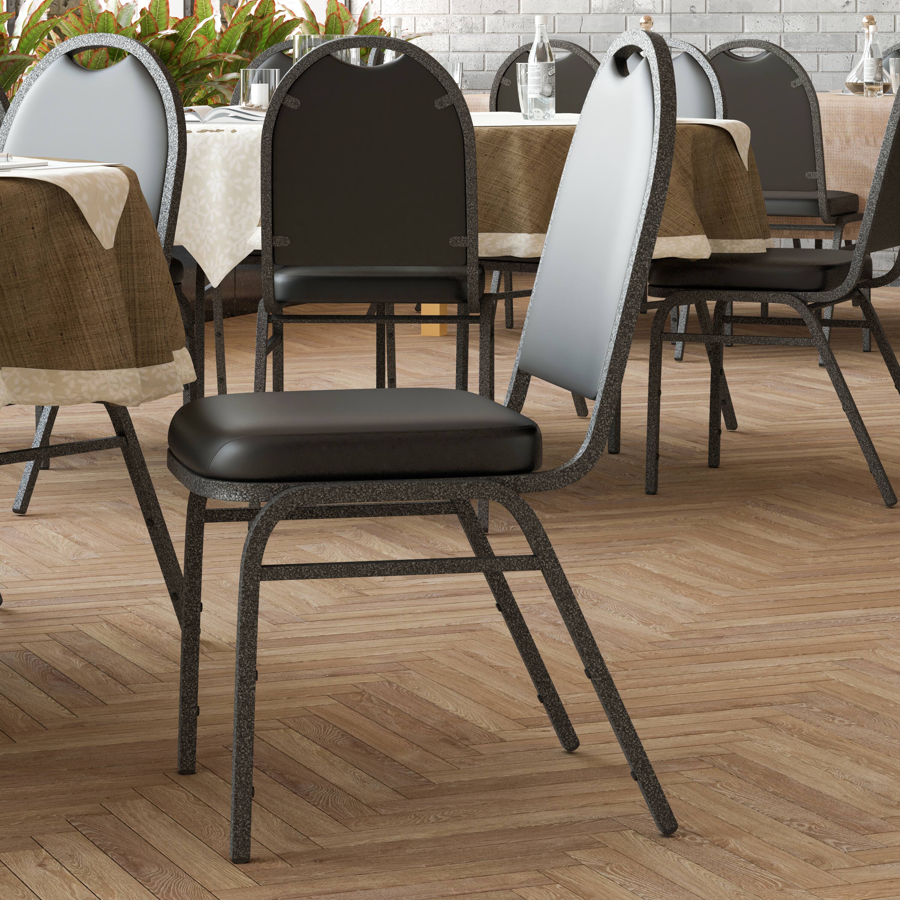 Alt View 4. Emma + Oliver - Dymoke Versatile Dome Back Stacking Banquet Chair - Black Vinyl/Silver Vein Frame.