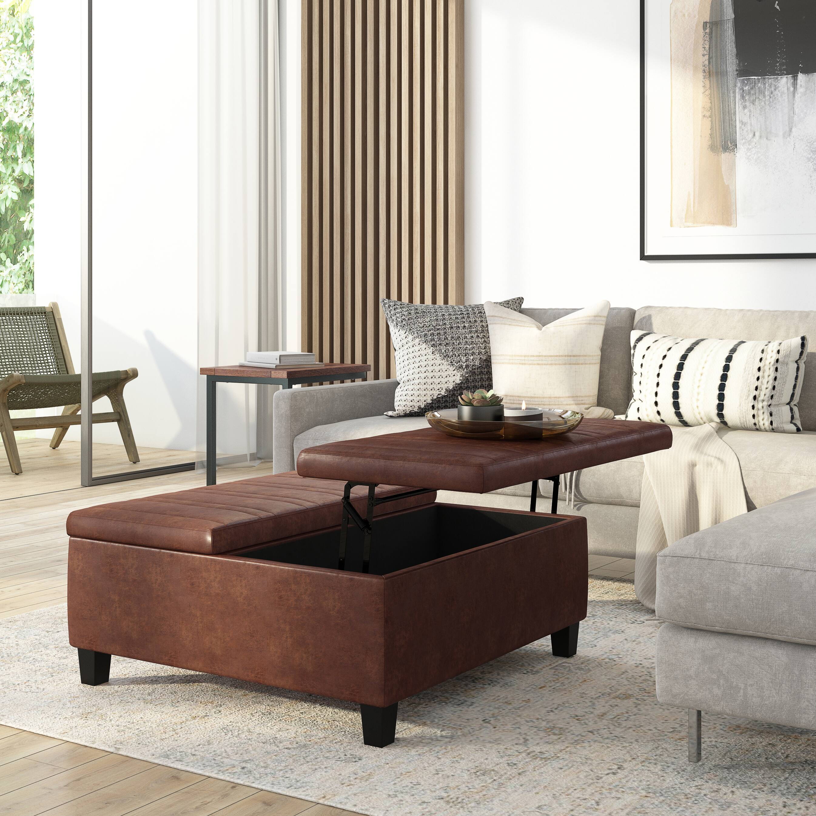 Left. Simpli Home - Ellis Coffee Table Storage Ottoman - Distressed Saddle Brown.