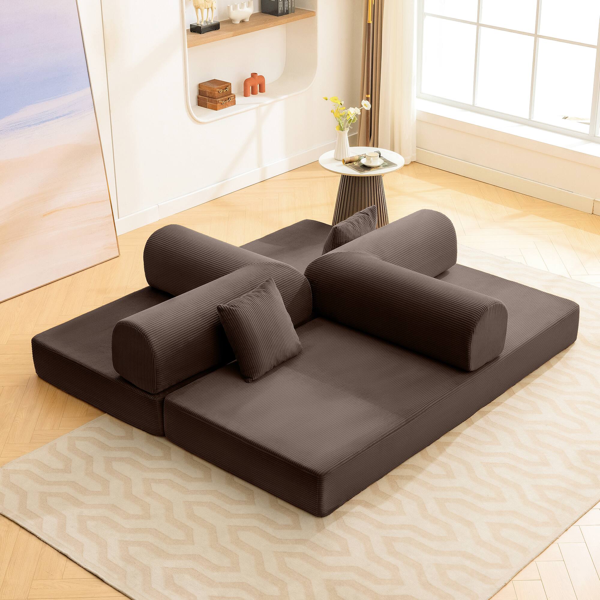 Left. Brick Attic - 4-in-1 Folding Convertible Floor Sofa Bed, 78 Inch Oversized Modern Fabric Boneless Couch for Living Room Bedroom Lounge - Coffee Brown.