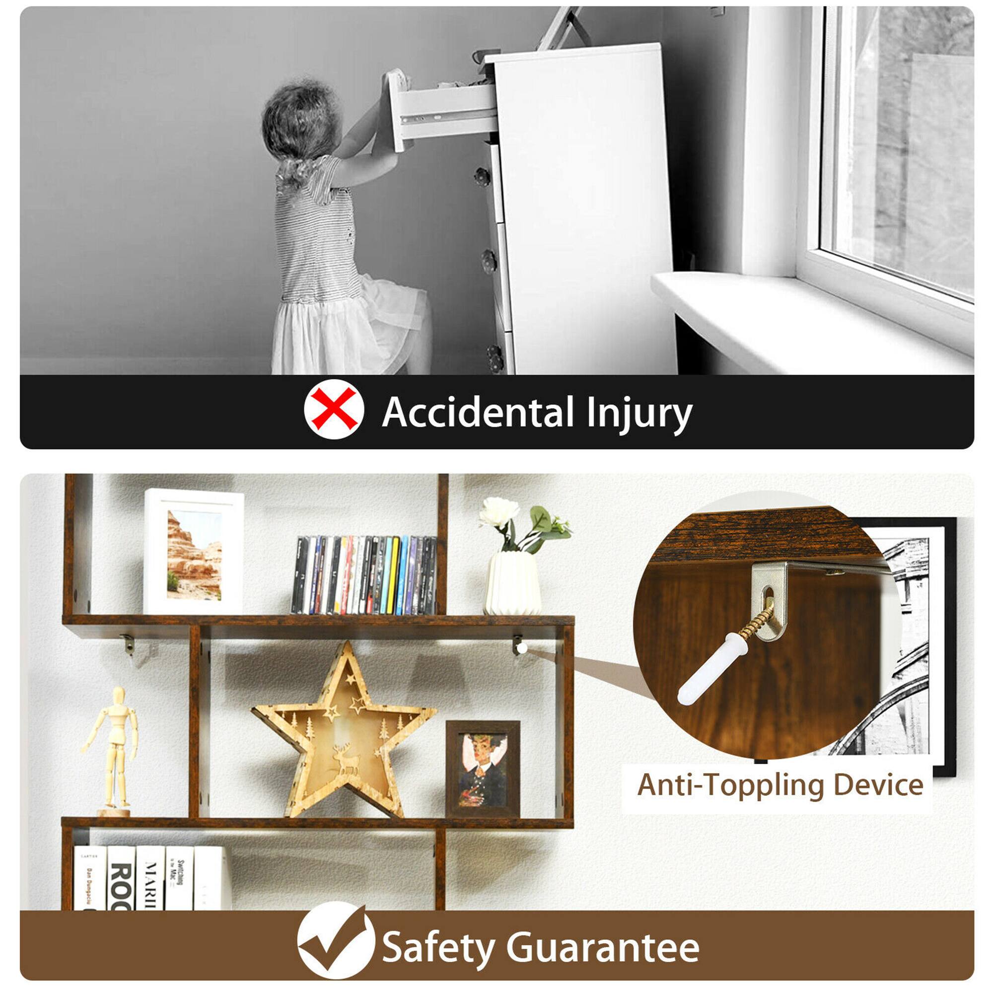 The image features a young girl climbing a bookshelf, with a warning sign below her that reads "No Accidental Injury." The bookshelf is filled with books and a vase, and there is a star-shaped decoration on the shelf. The scene also includes a cabinet and a window nearby. The image is accompanied by a caption that reads "Safety Guarantee Anti-Toppling Device."