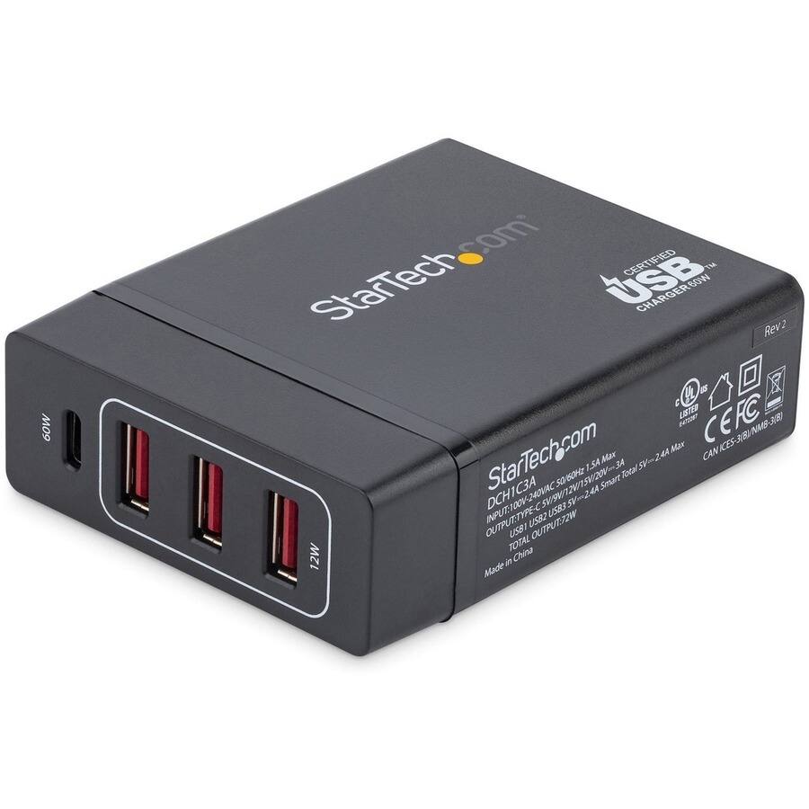60W  
StarTech.com USB CERTIFIED™ CHARGER60W Rev2 C 9L LISTED E472287  
StarTech.com  
2.4A Max CAN 1.5A Max 50 50/60Hz /15V/20V-3A Smart Total  
DCH1C3A  
OUTPUT: TYPE-C USB2 USB3  
5V=2.44  
TOTAL USB1 OUTPUT: 72W  
12W in China Made