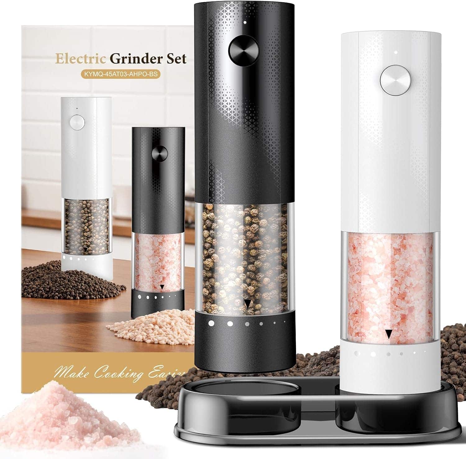 FINEAK - Rechargeable Electric Salt and Pepper Grinder Set with Larger Hopper (2-Pack, Black/White) - Black;White