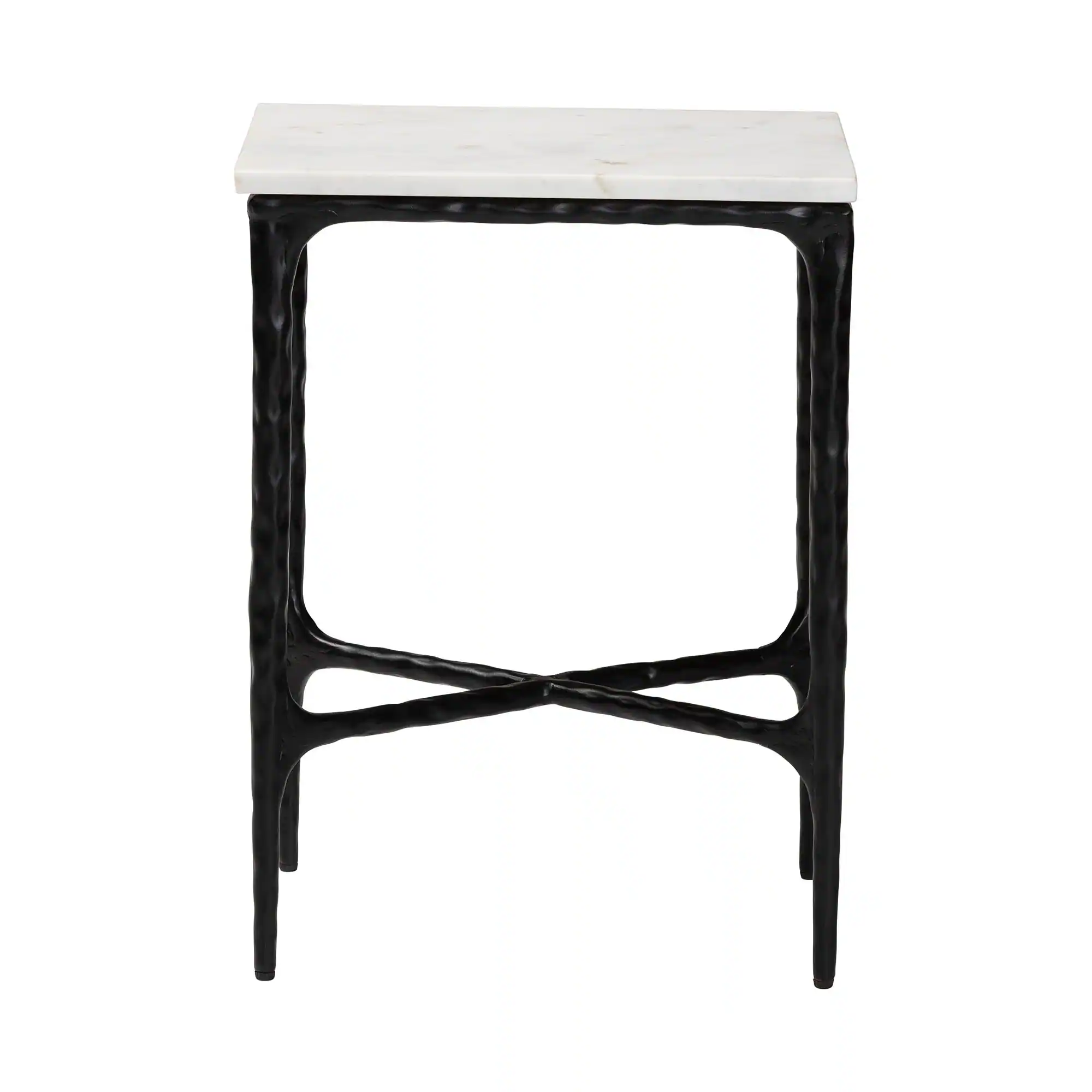 Angle. Baxton Studio - Akanji Marble End Table - Modern Rustic Accent Table with Hand-Forged Metal Frame, Rectangle - Marble White/Black.