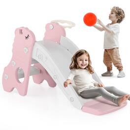 Topteng - 3-in-1 Foldable Toddler Slide with Climber & Basketball Hoop - Pink