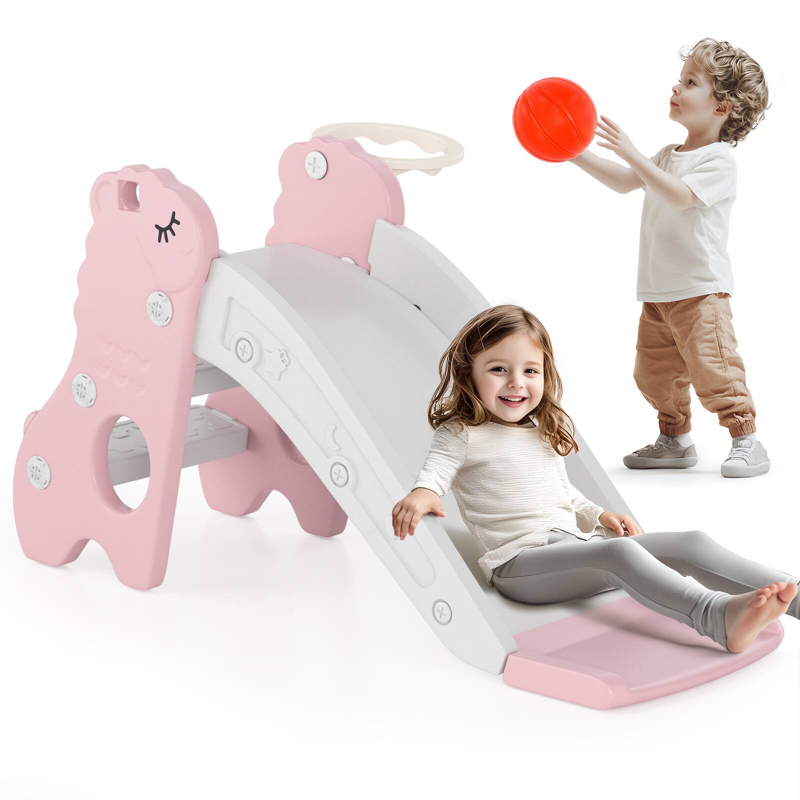 Topteng - 3-in-1 Foldable Toddler Slide with Climber & Basketball Hoop - Pink