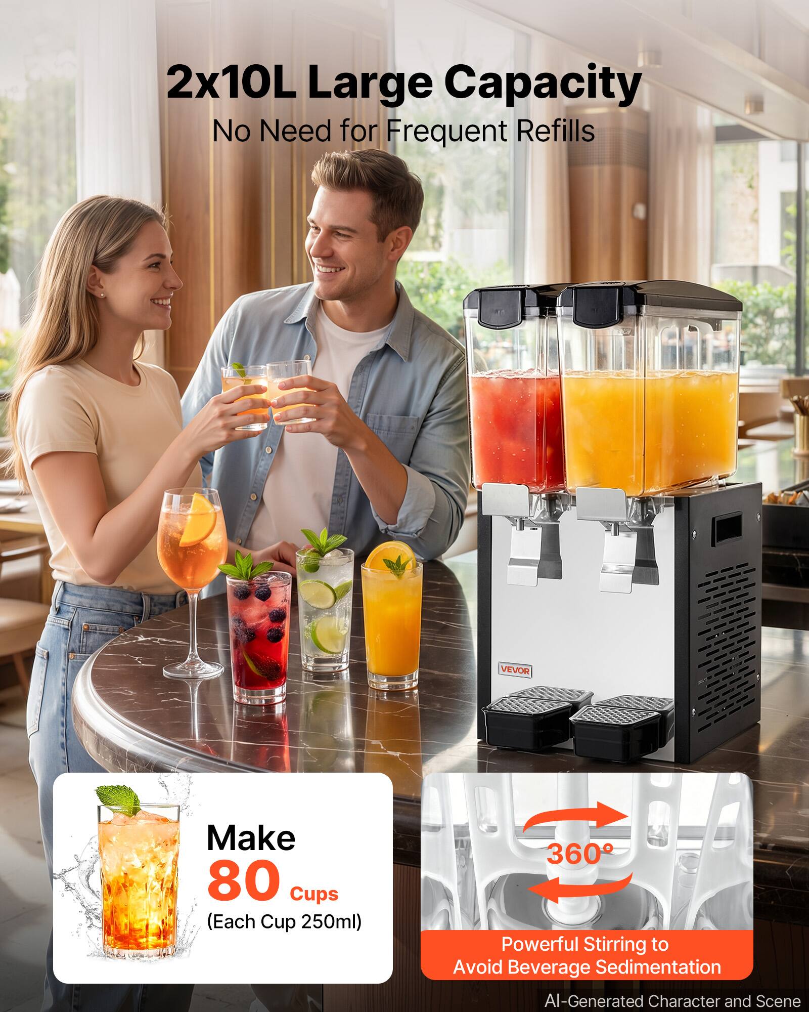2x10L Large Capacity No Need for Frequent Refills

VEVOR

Make 80 Cups (Each Cup 250ml)

360° Powerful Stirring to Avoid Beverage Sedimentation

AI-Generated Character and Scene