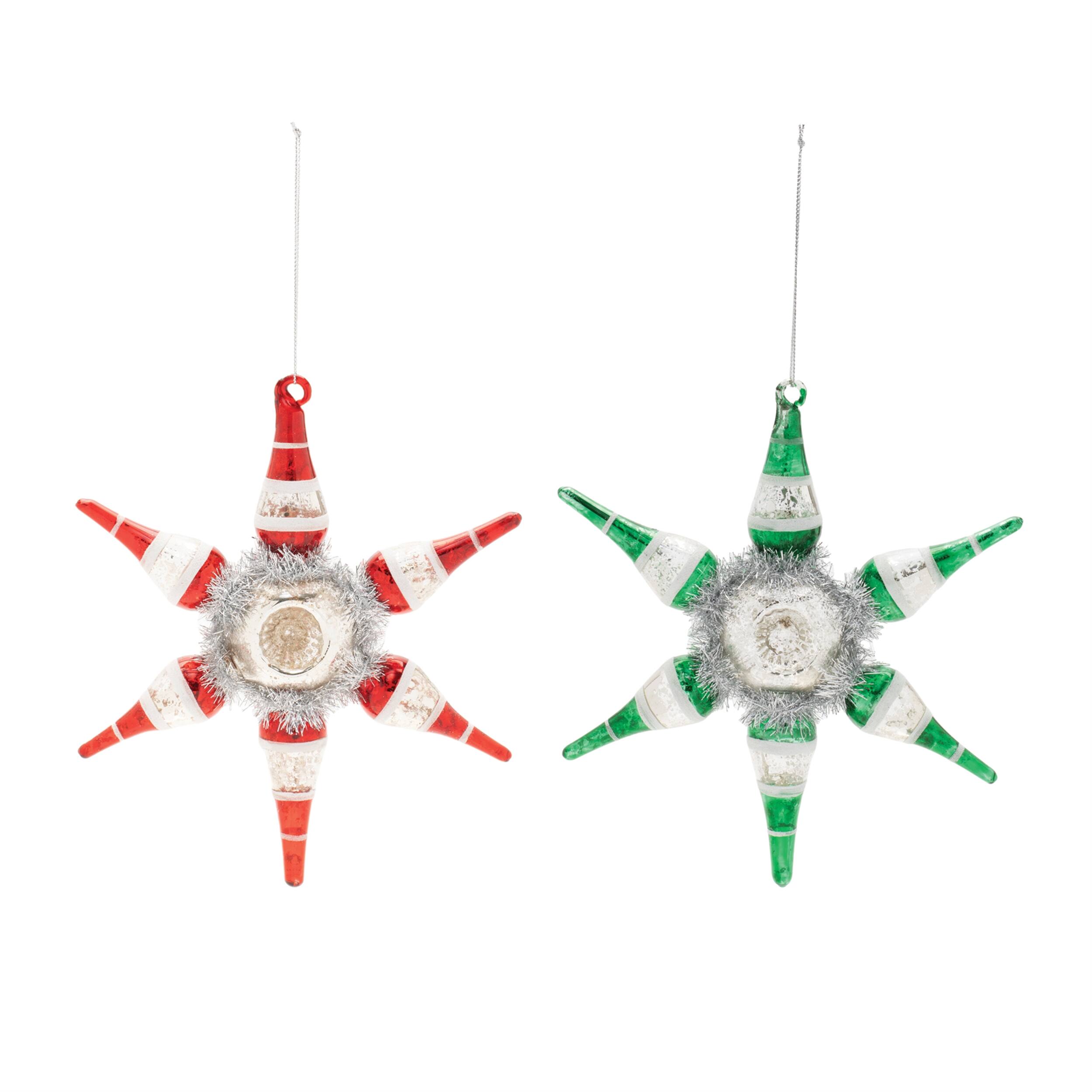 Angle. BreeBe - Vintage-Inspired Reflector Snowflake Ornaments – Set of 4 - Silver, Red, Green.
