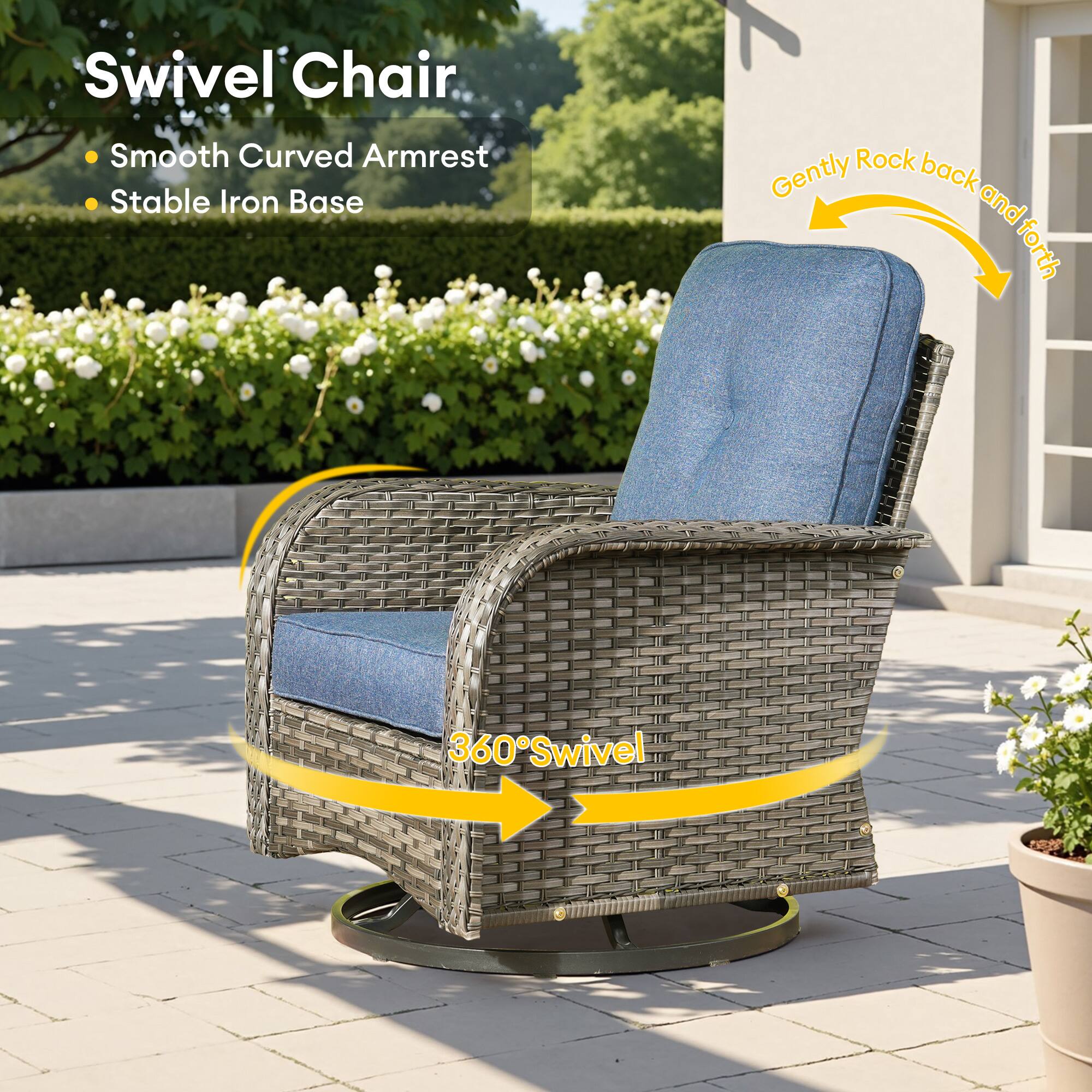 Swivel Chair  
- Smooth Curved Armrest  
- Stable Iron Base  

Gently Rock back and forth  

360° Swivel