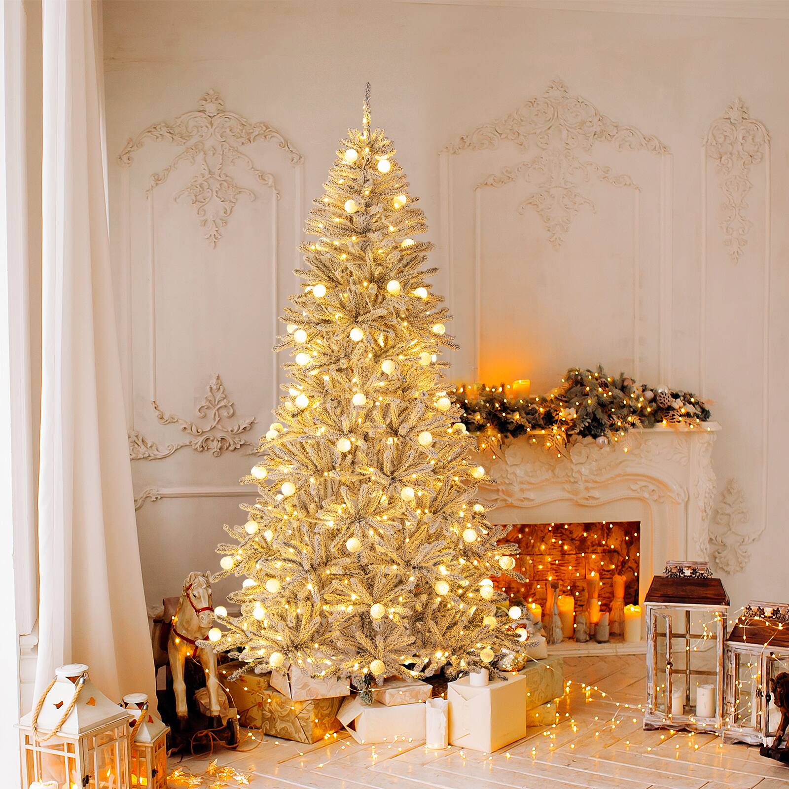 Alt View 3. Gymax - Gymax 7 FT Snow-flocked Artificial Christmas Tree w/65 Sphere Lights 350 LED Lights - Green, White.