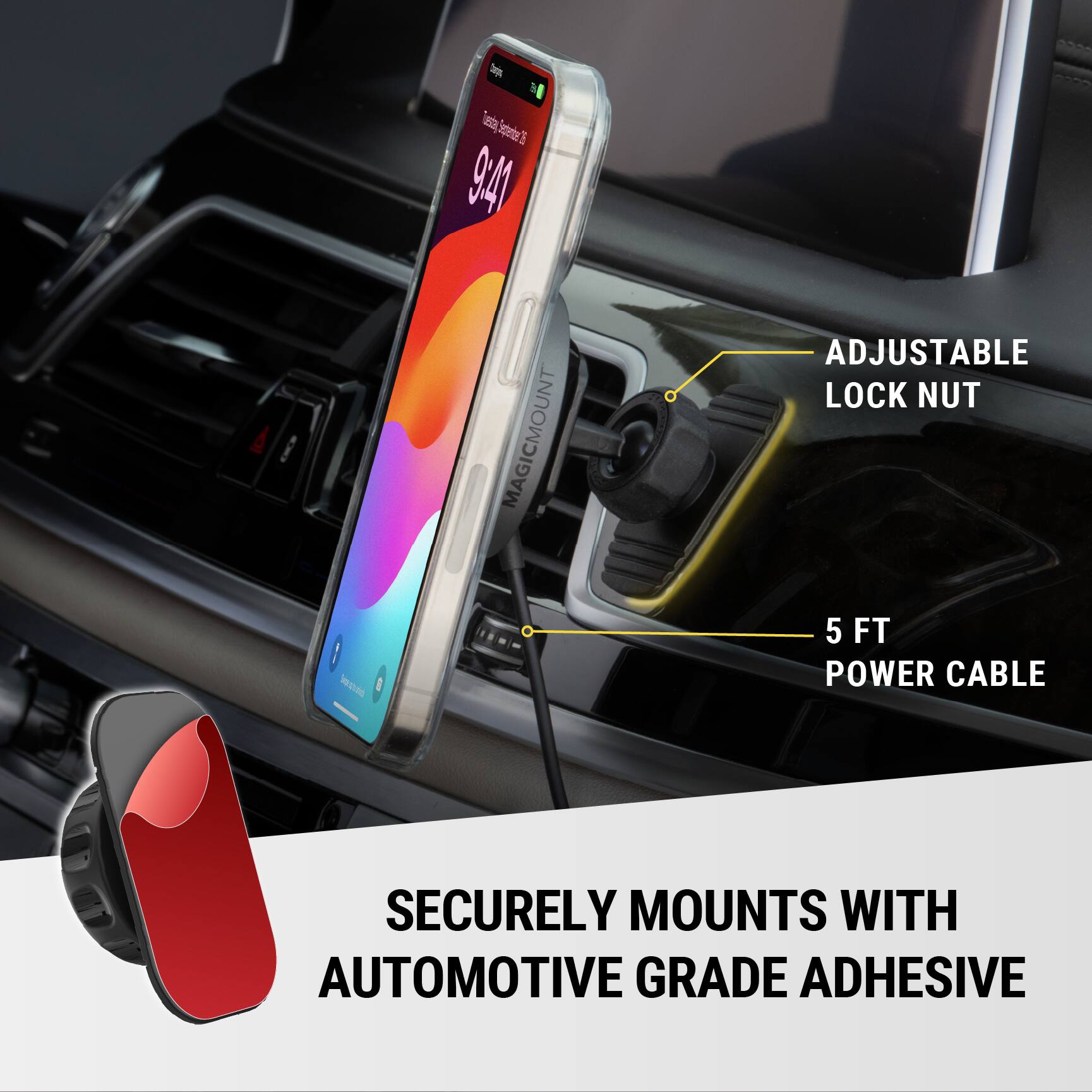 1. INTA SPARTAL 94 MAGICMOUNT ADJUSTABLE LOCK NUT
2. 5 FT POWER CABLE
3. SECURELY MOUNTS WITH AUTOMOTIVE GRADE ADHESIVE