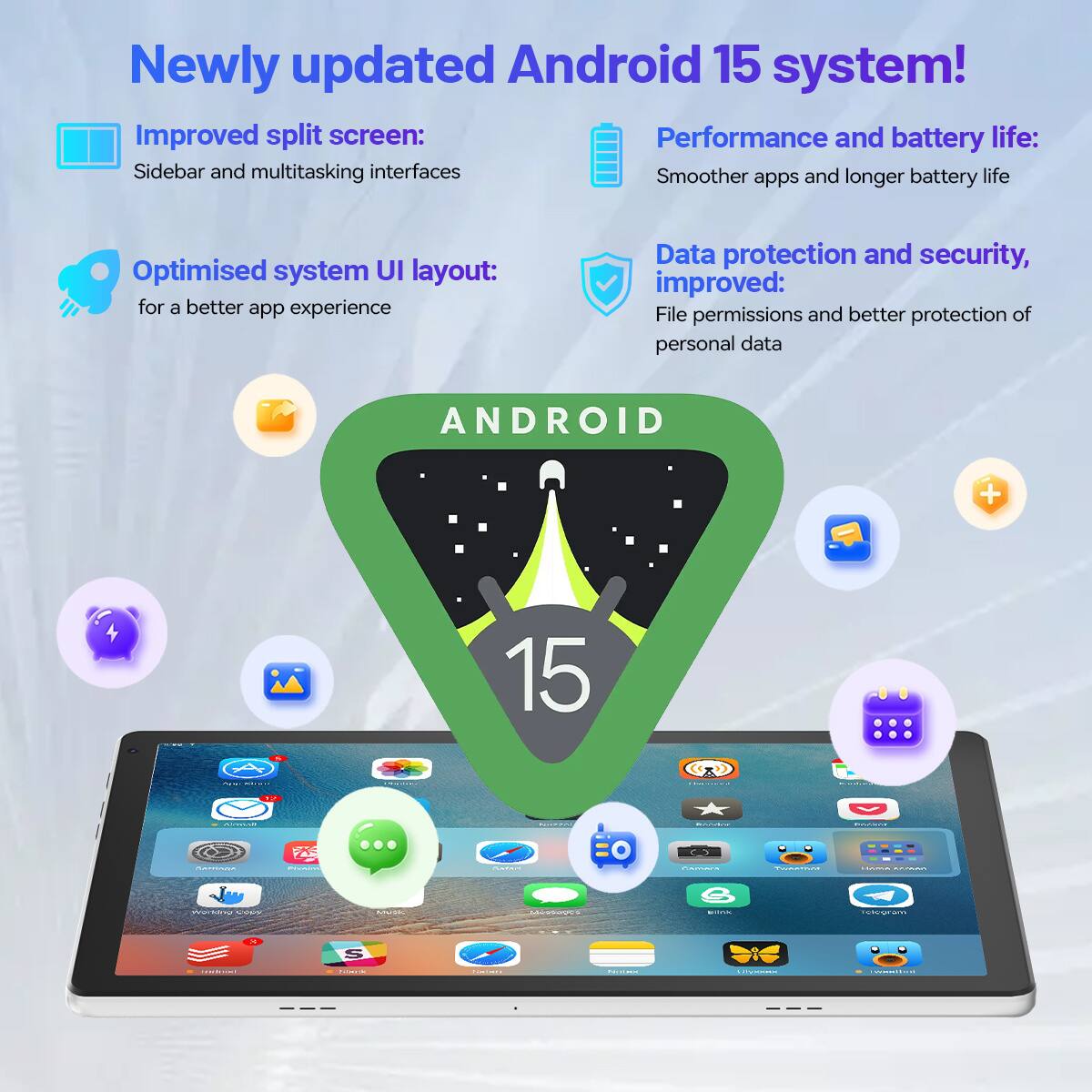 Newly updated Android 15 system!  
Improved split screen:  
- Sidebar and multitasking interfaces  
- Optimised system UI layout: for a better app experience  
- Performance and battery life: Smoother apps and longer battery life  
- Data protection and security, improved: File permissions and better protection of personal data