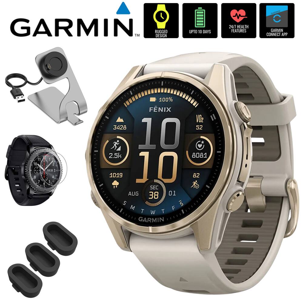 GARMIN™  
RUGGED DESIGN  
UPTO 10 DAYS  
24/7 HEALTH FEATURES  
GARMIN CONNECT APP  

FENIX 10  
100%  
3428  
2.5k  
1019  
AUG 38  
SMTWTFS  
8081  
82  
SEC 88 01  
MIN  
52  
VO2  
52