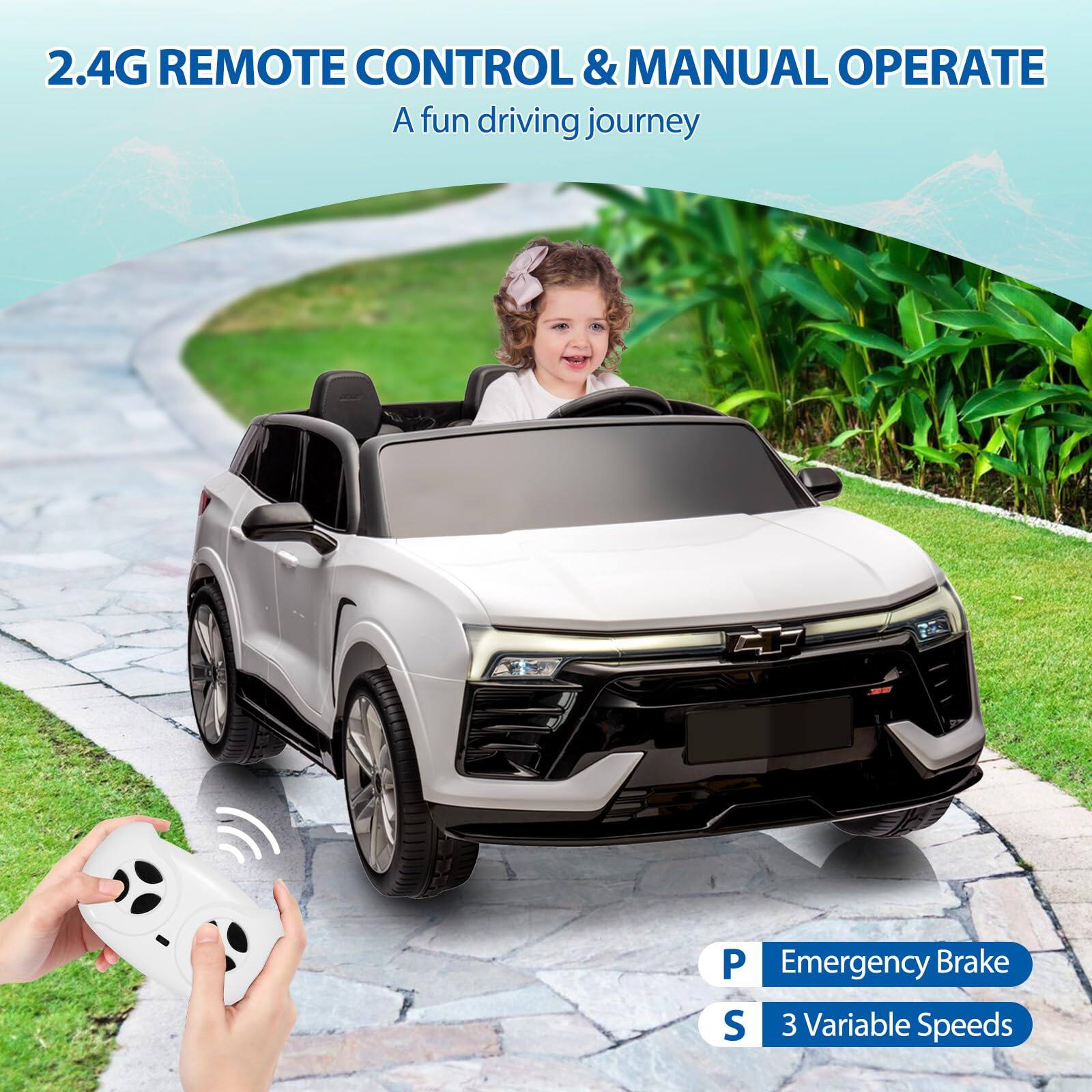 2.4G REMOTE CONTROL & MANUAL OPERATE  
A fun driving journey  

P Emergency Brake  
S 3 Variable Speeds