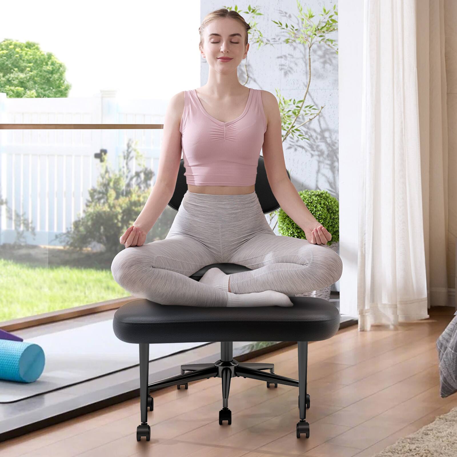 Front. Pinmoco - Pinmoco Ergonomic Cross-Legged Office Chair with Wheels,Height Adjustable Backrest and Seat, Yoga Office Chair, Black - Black.