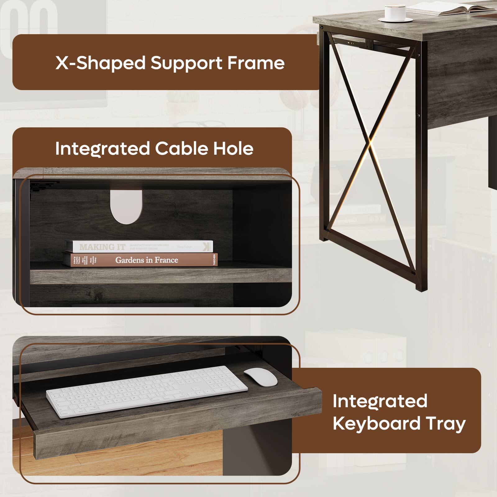- X-Shaped Support Frame
- Integrated Cable Hole
- Integrated Keyboard Tray