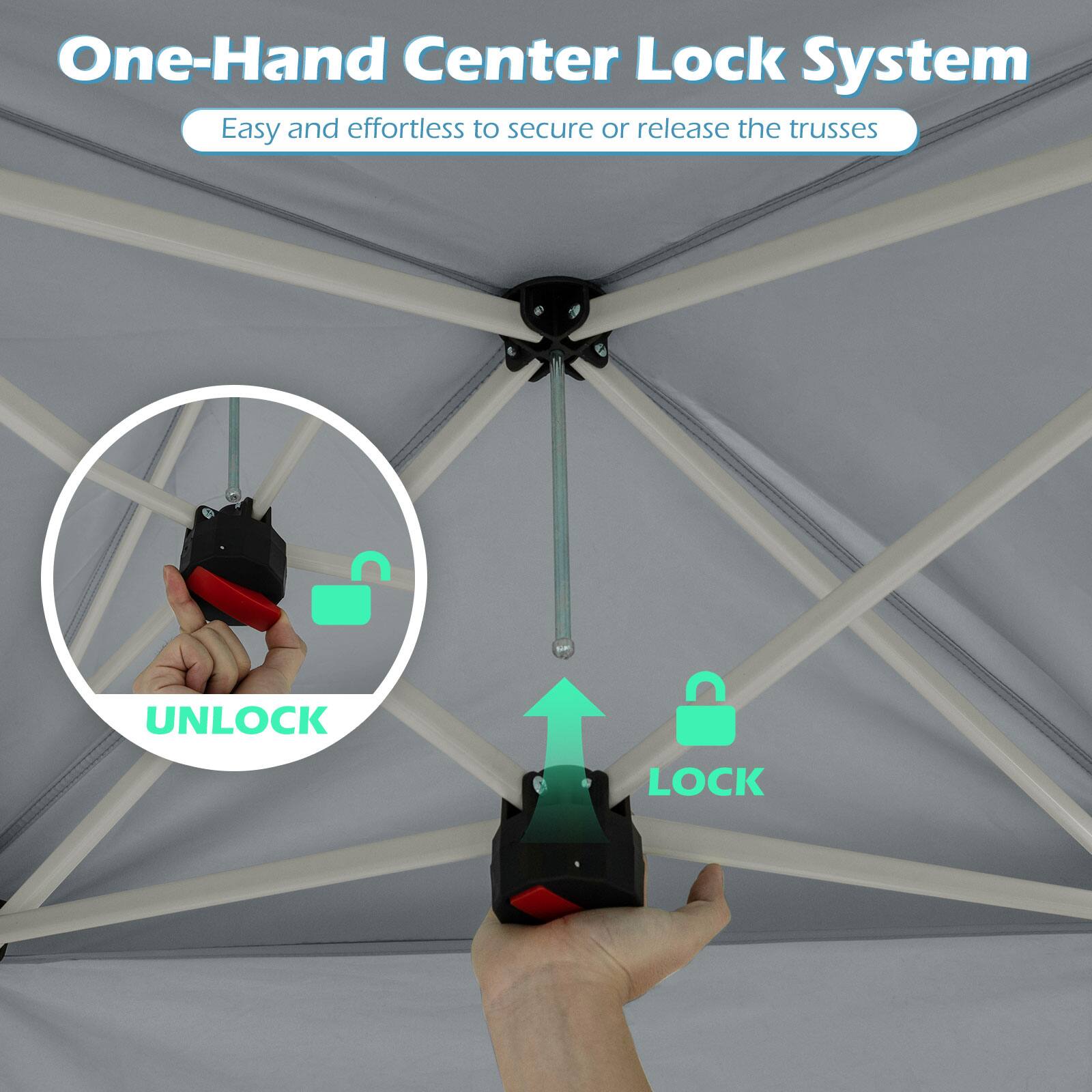 One-Hand Center Lock System  
Easy and effortless to secure or release the trusses  

UNLOCK  
LOCK
