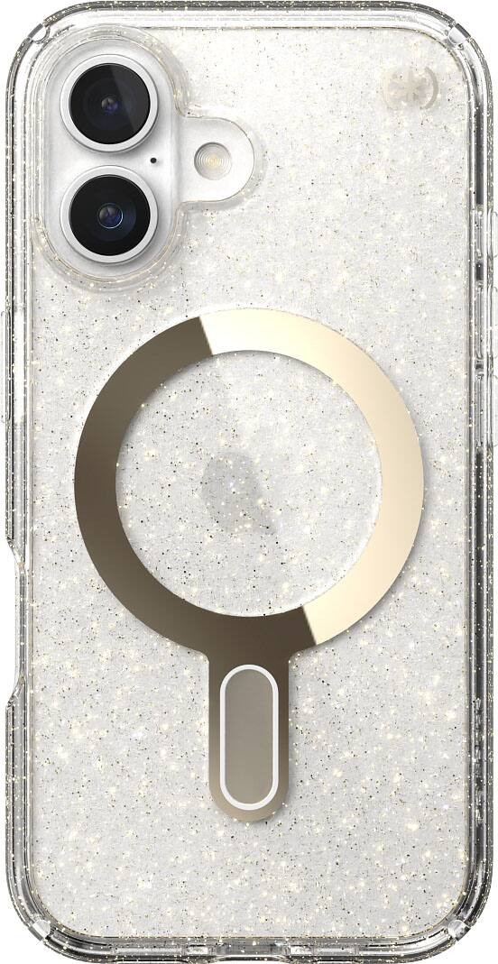 Front. Speck - Presidio Lux Case with MagSafe for Apple iPhone 16 - Clear/Gold Glitter.