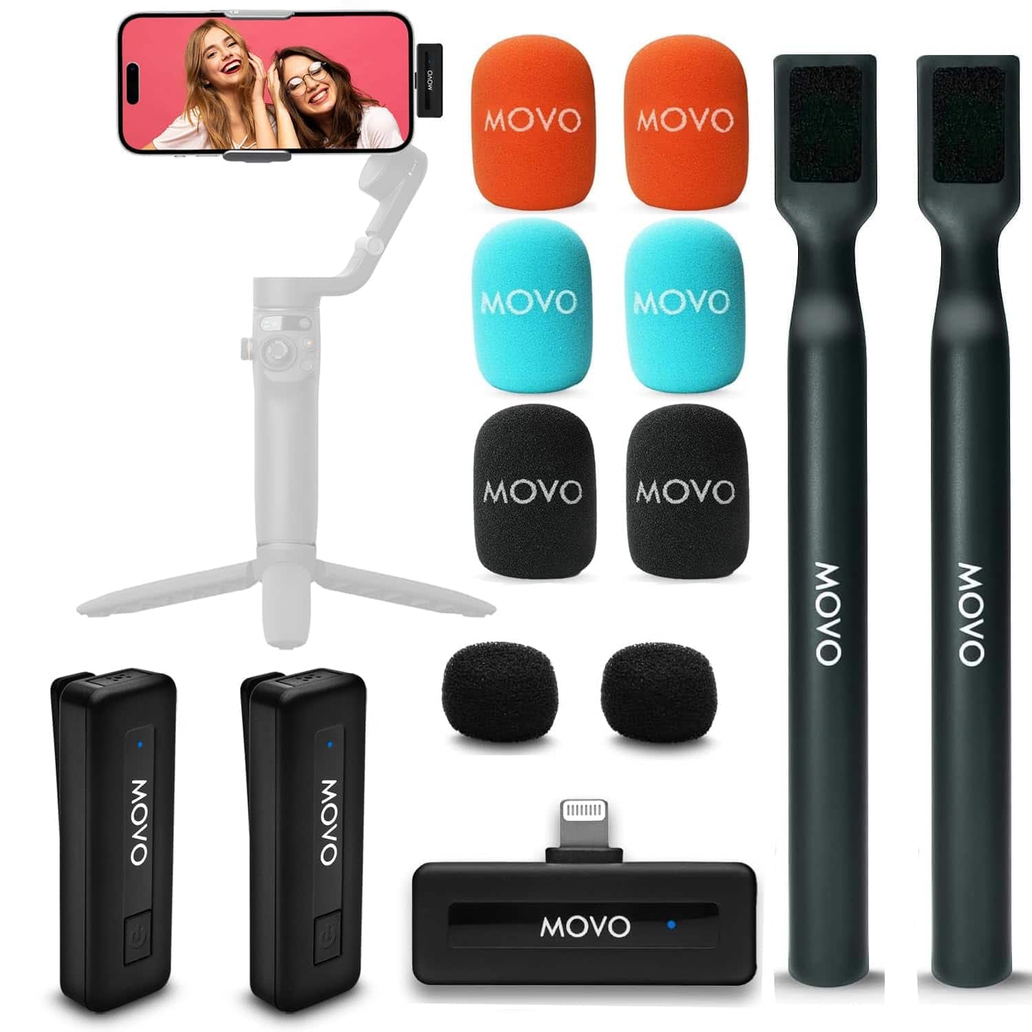 MOVO - Wireless Mini DI Duo Dual Ultra Compact Wireless Lavalier Microphones for iPhone with Handheld Adapter