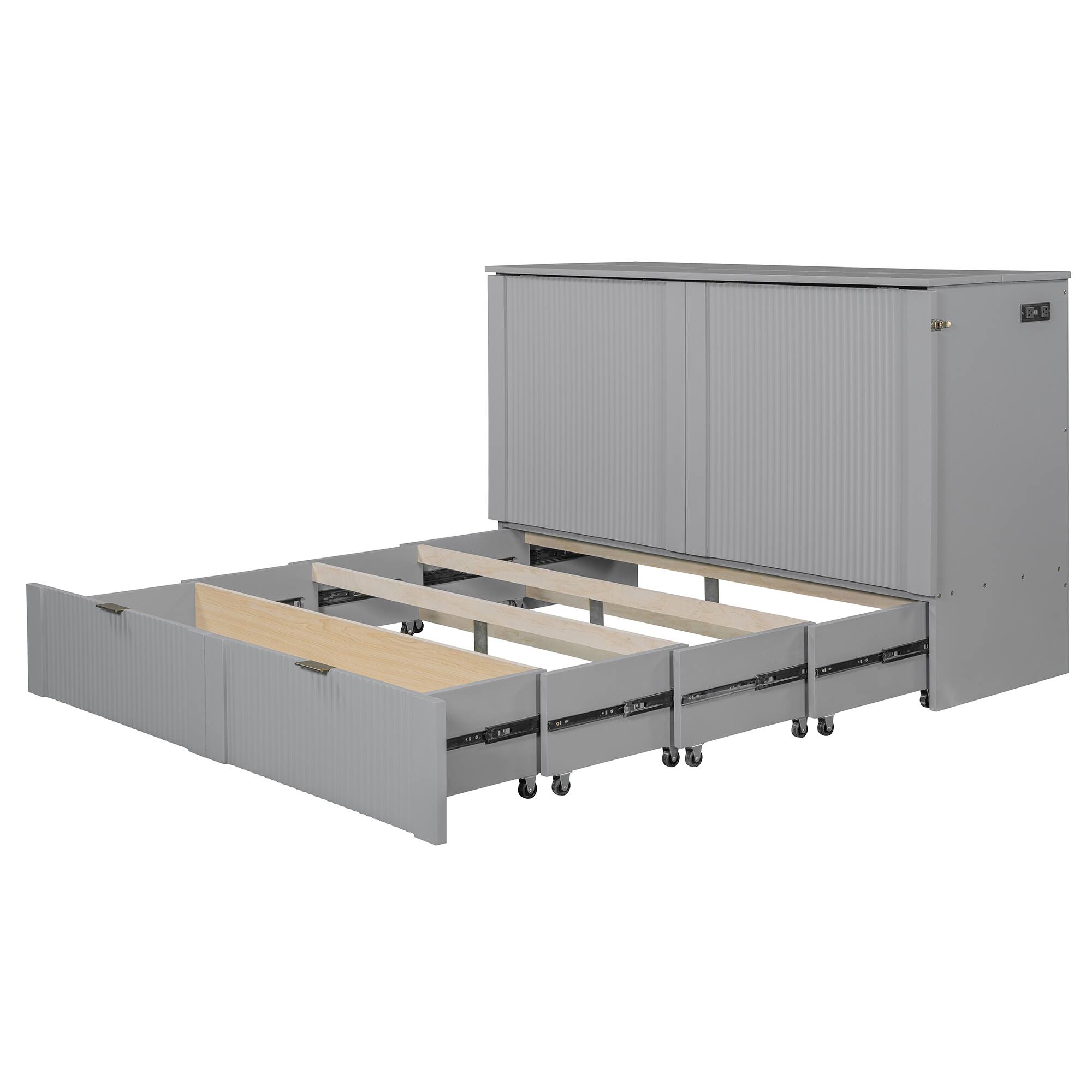 Back. Tiramisubest - Queen Size Murphy Bed w/ Drawer, Sockets, USB Ports, Pulley, Gray Plywood - Gray.