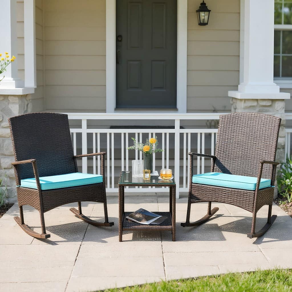 Kadyn - 3 Piece Patio Rocking Set Wicker Rocking Chairs, Small Patio Conversation Furniture Set with 2-Tier Table - Blue