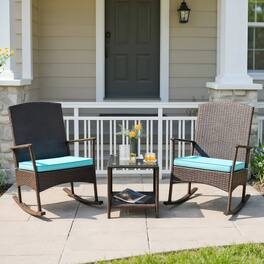 Kadyn - 3 Piece Patio Rocking Set Wicker Rocking Chairs, Small Patio Conversation Furniture Set with 2-Tier Table - Blue