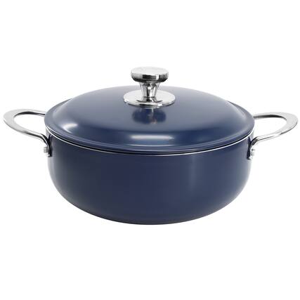 Front. Oster - Oster Cartagena 3.8 Quart Nonstick Aluminum Caldero with Lid in Dark Blue - Dark Blue.