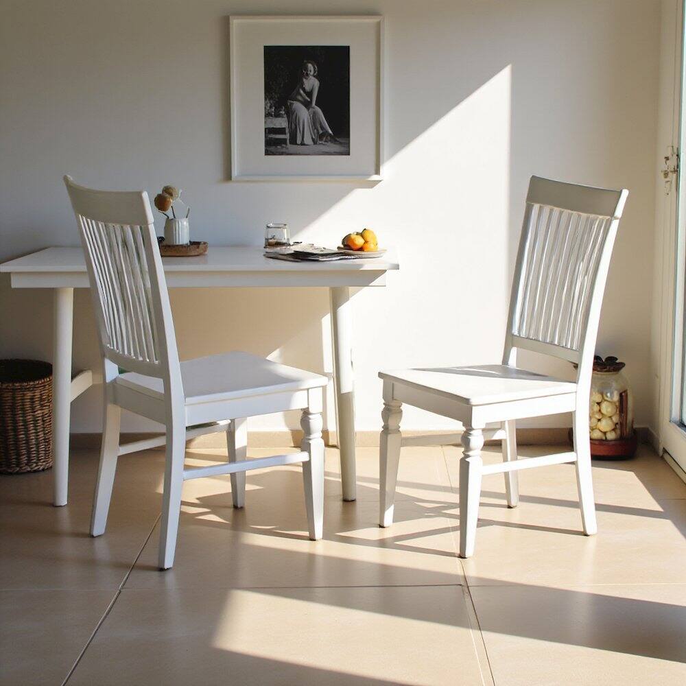 Back. FurniFact - Elegant White Wooden Dining Chairs – Slatted Back - Linen White.