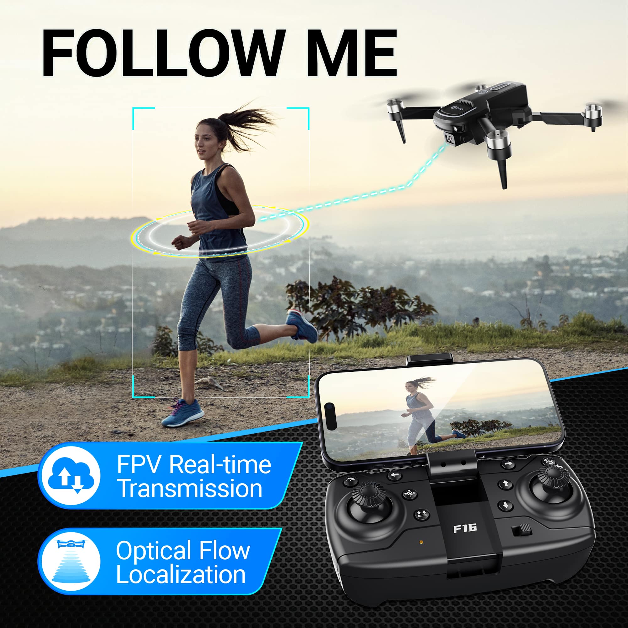 The text on the image is grouped as follows:
1. Follow Me
2. FPV Real-time Transmission
3. Optical Flow Localization
4. F16