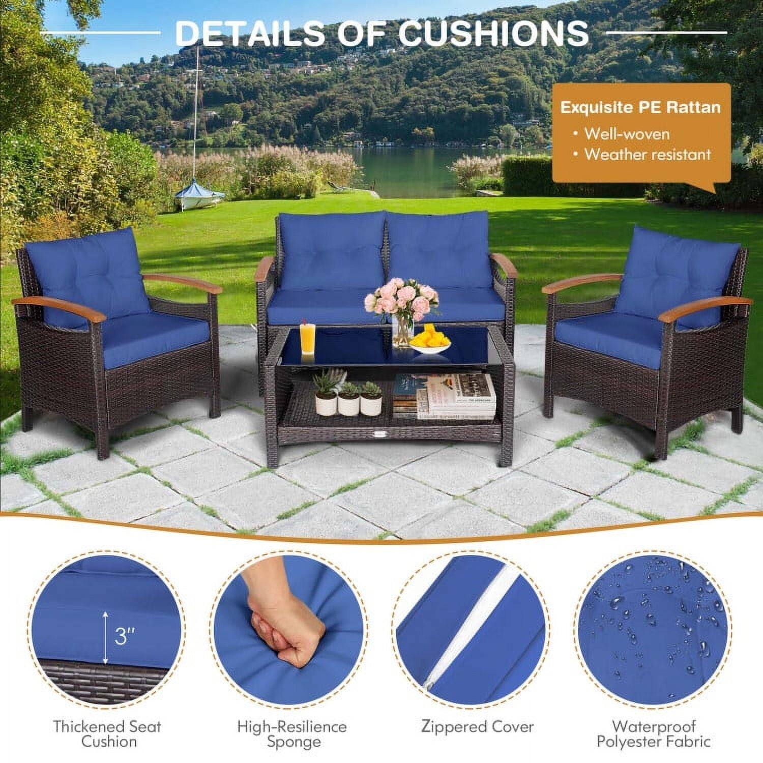 DETAILS OF CUSHIONS

- Exquisite PE Rattan
  - Well-woven
  - Weather resistant

- 3" Thickened Seat Cushion
- High-Resilience Sponge
- Zippered Cover
- Waterproof Polyester Fabric